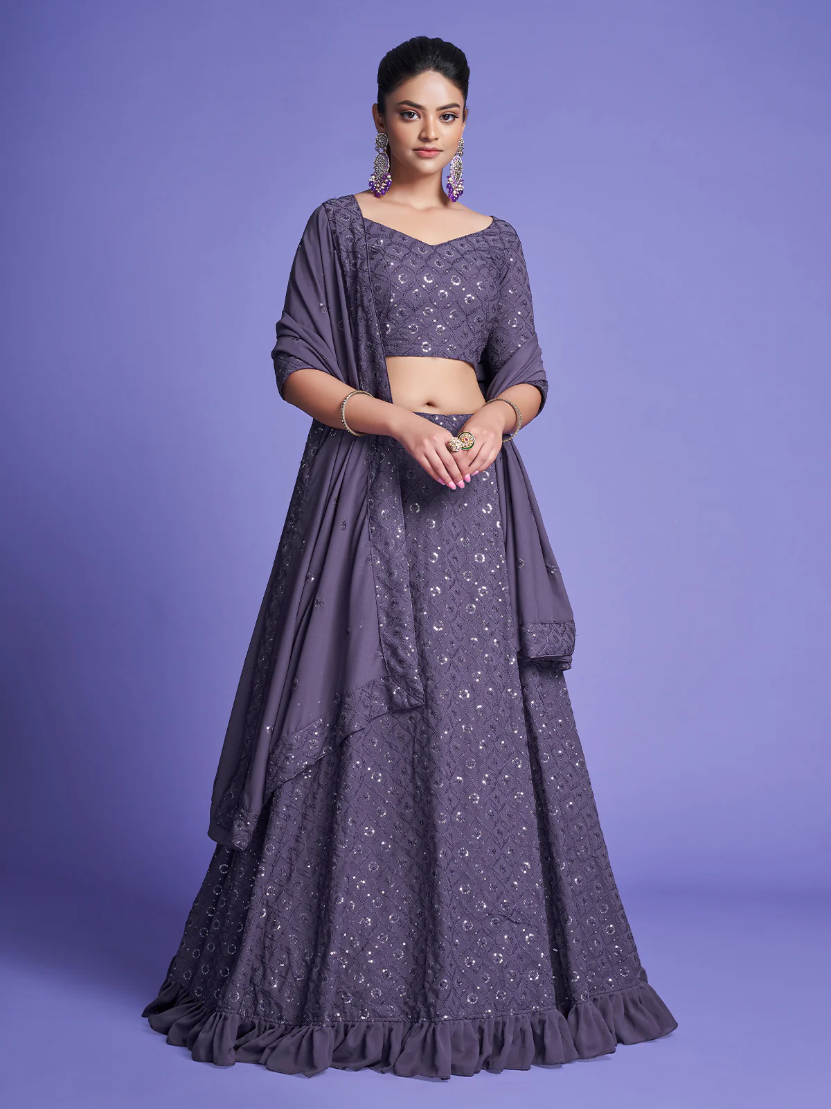 Odette Women Dark Grey Georgette Embroidered Semi Stitched Lehenga With Unstitched Blouse