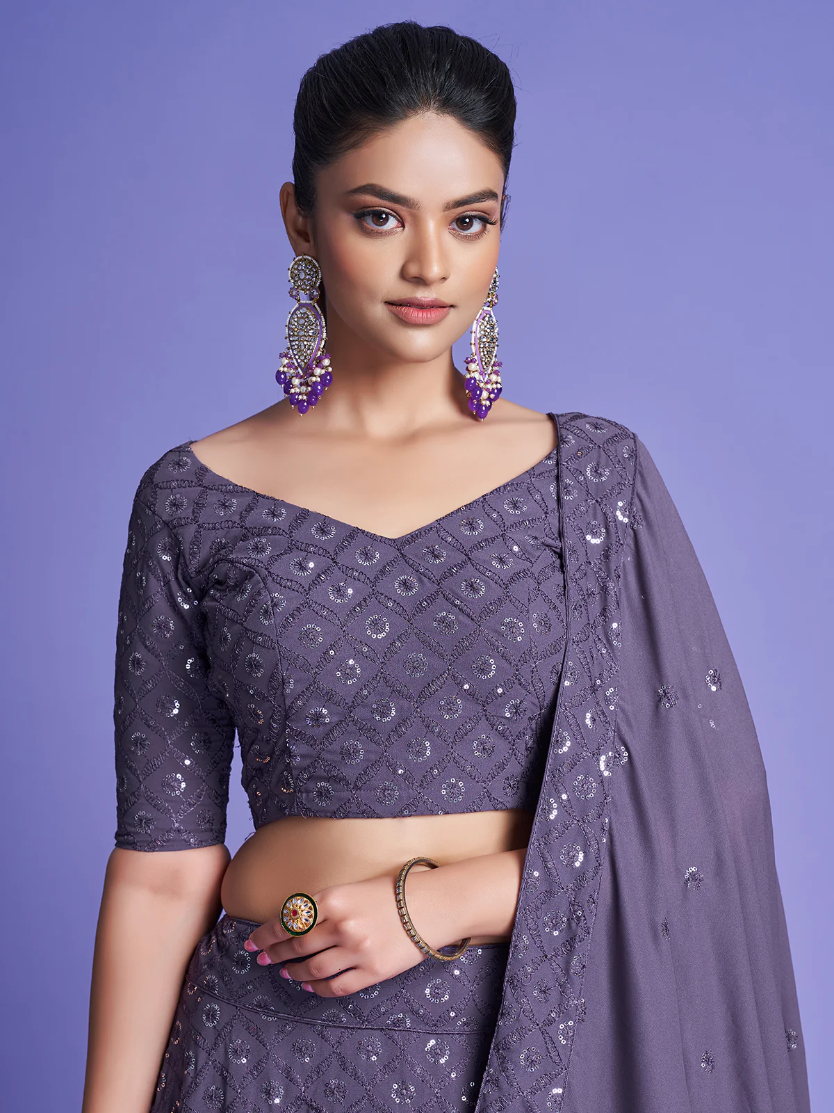 Odette Women Dark Grey Georgette Embroidered Semi Stitched Lehenga With Unstitched Blouse - Image 3
