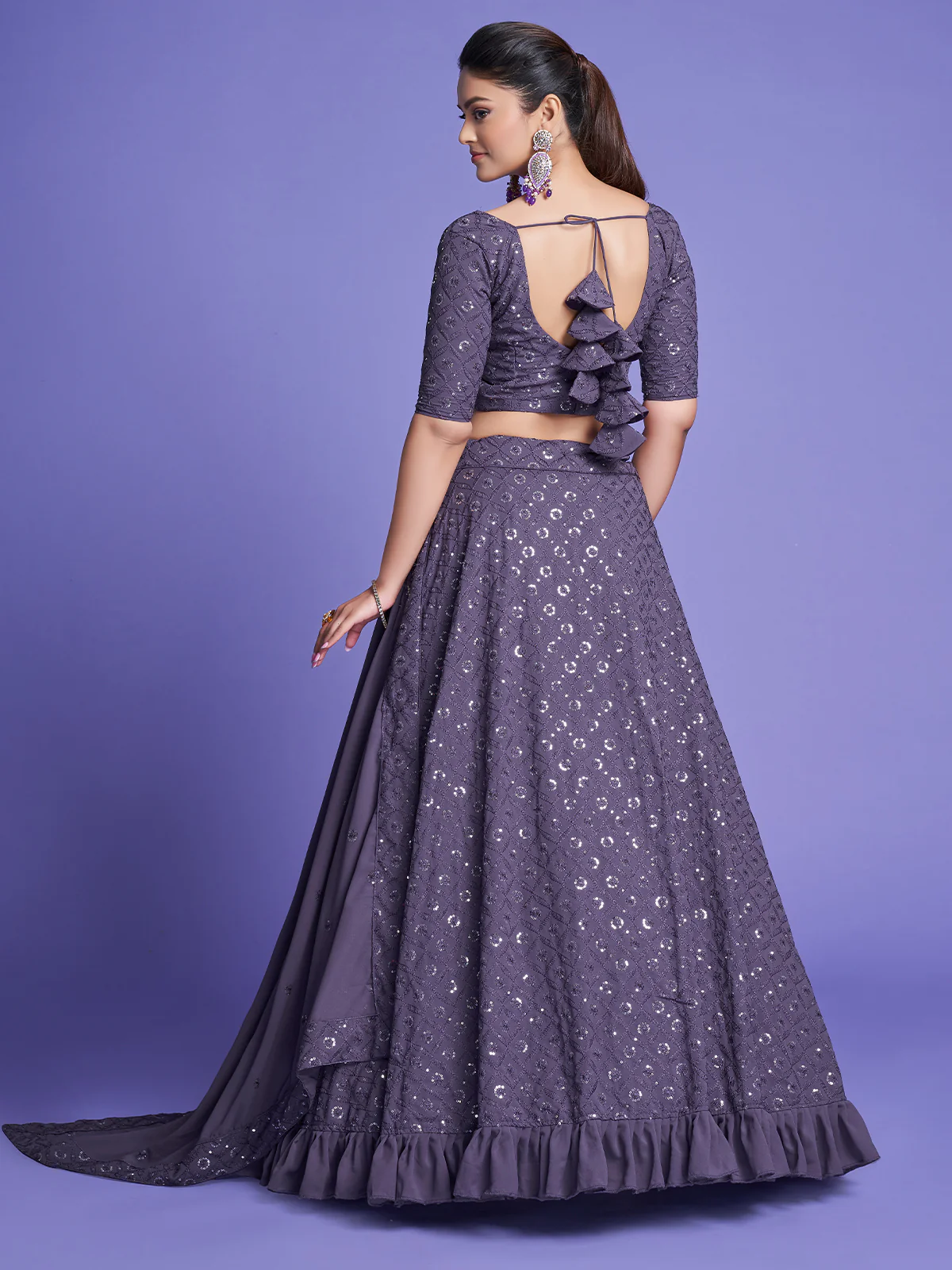 Odette Women Dark Grey Georgette Embroidered Semi Stitched Lehenga With Unstitched Blouse - Image 4