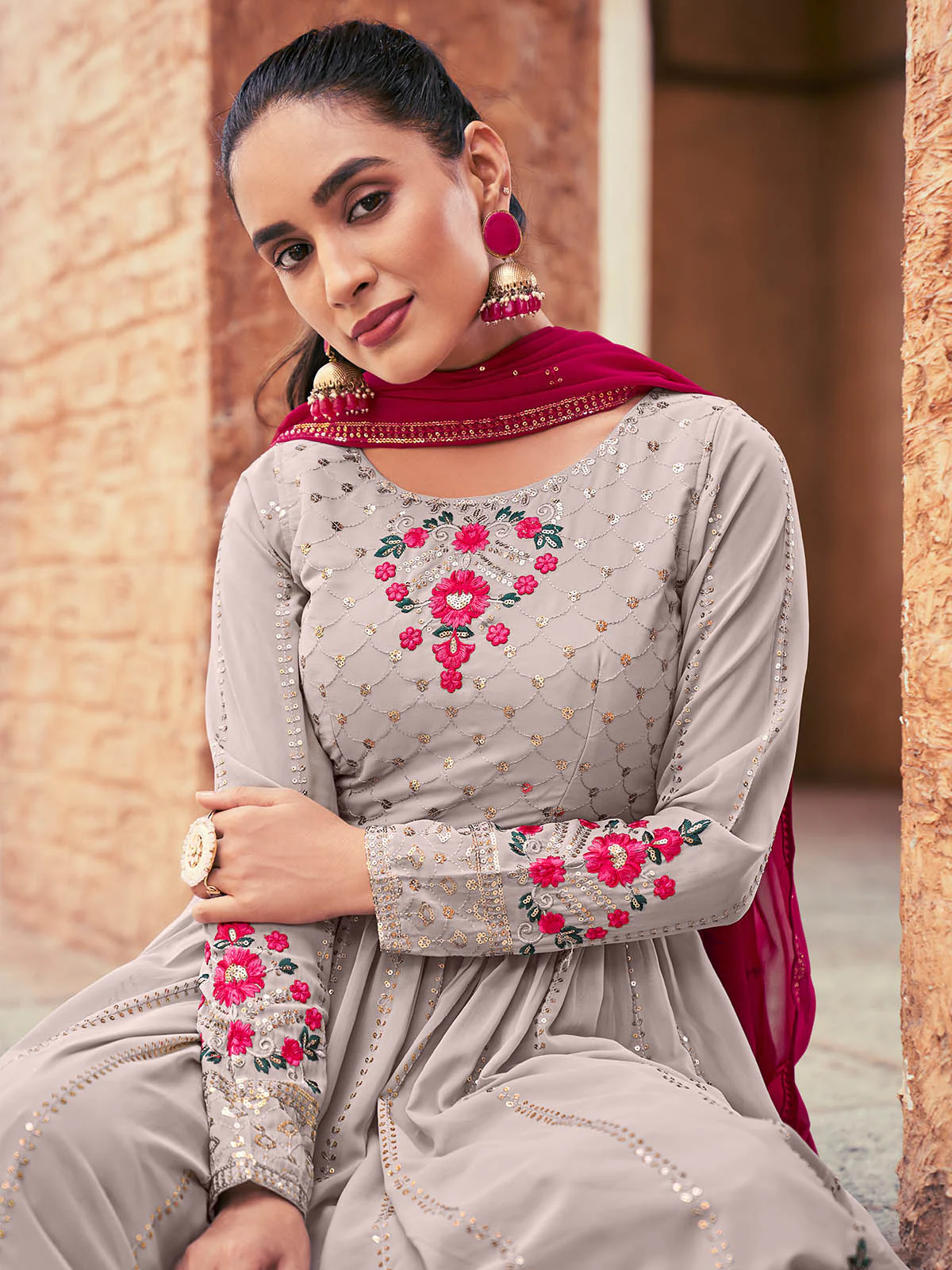Odette Women Grey Georgette Semi Stitched Palazzo Suit - Image 3
