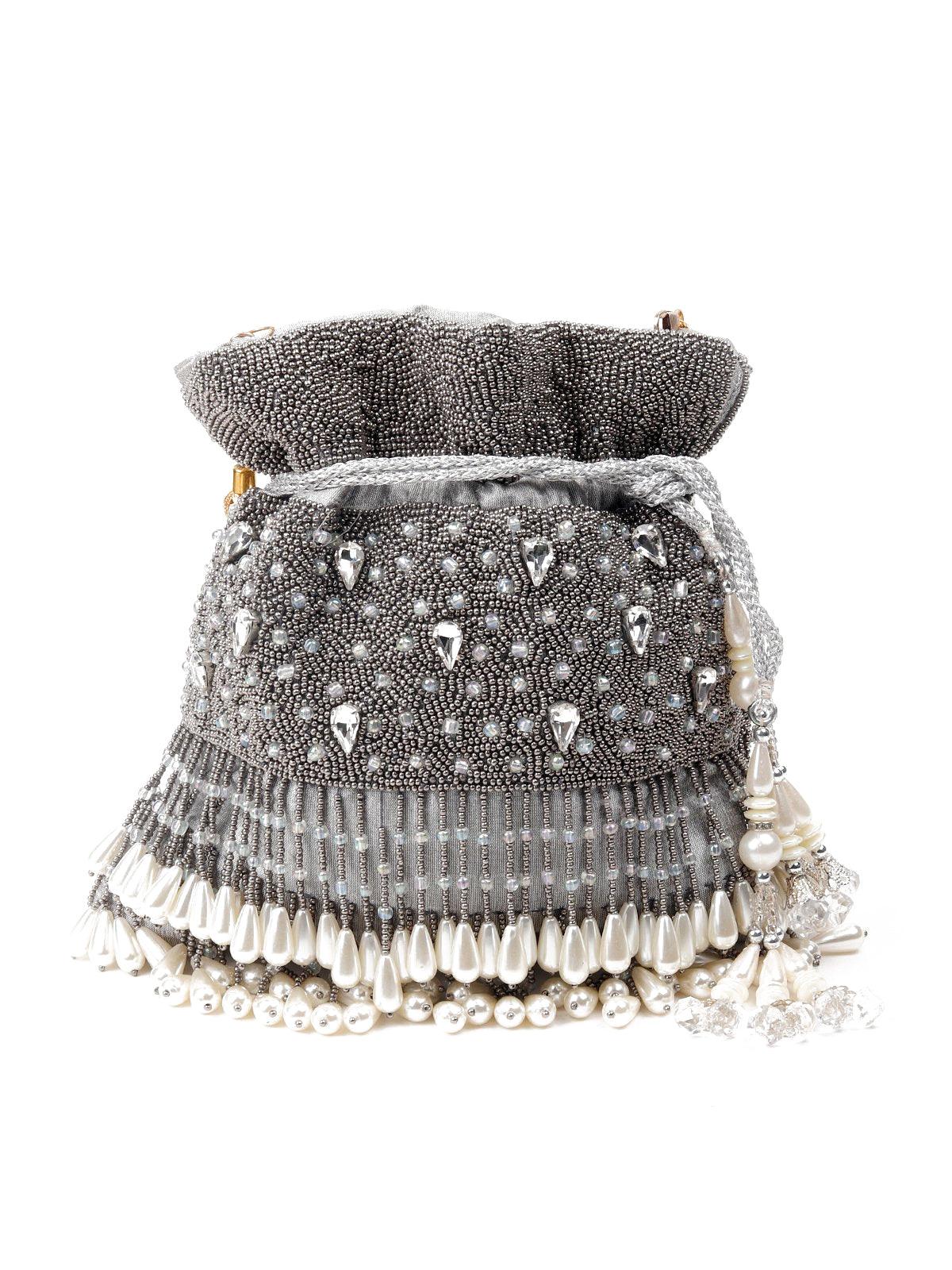 Odette Women Grey Beads Potli Bag - Image 5