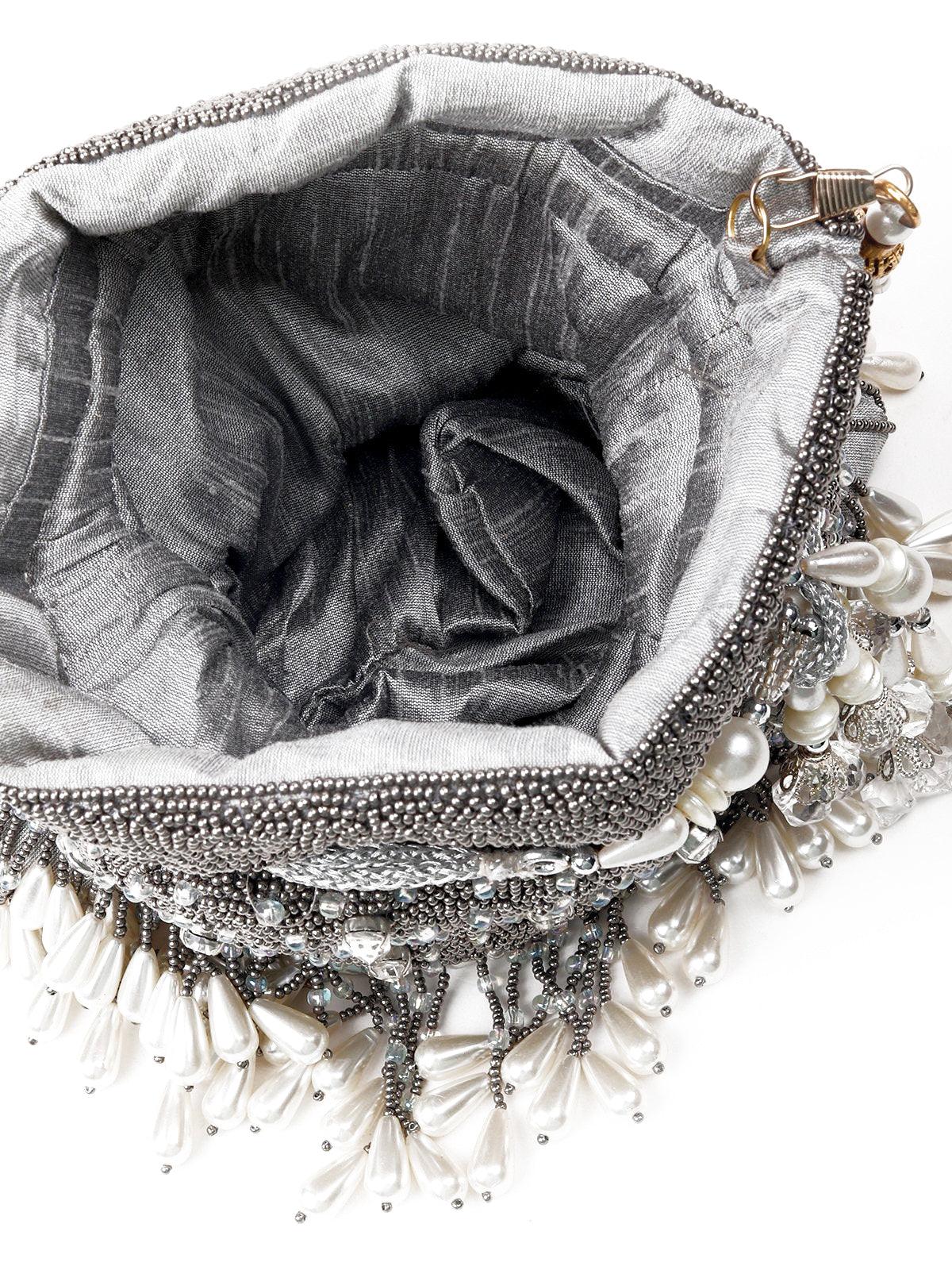 Odette Women Grey Beads Potli Bag - Image 7