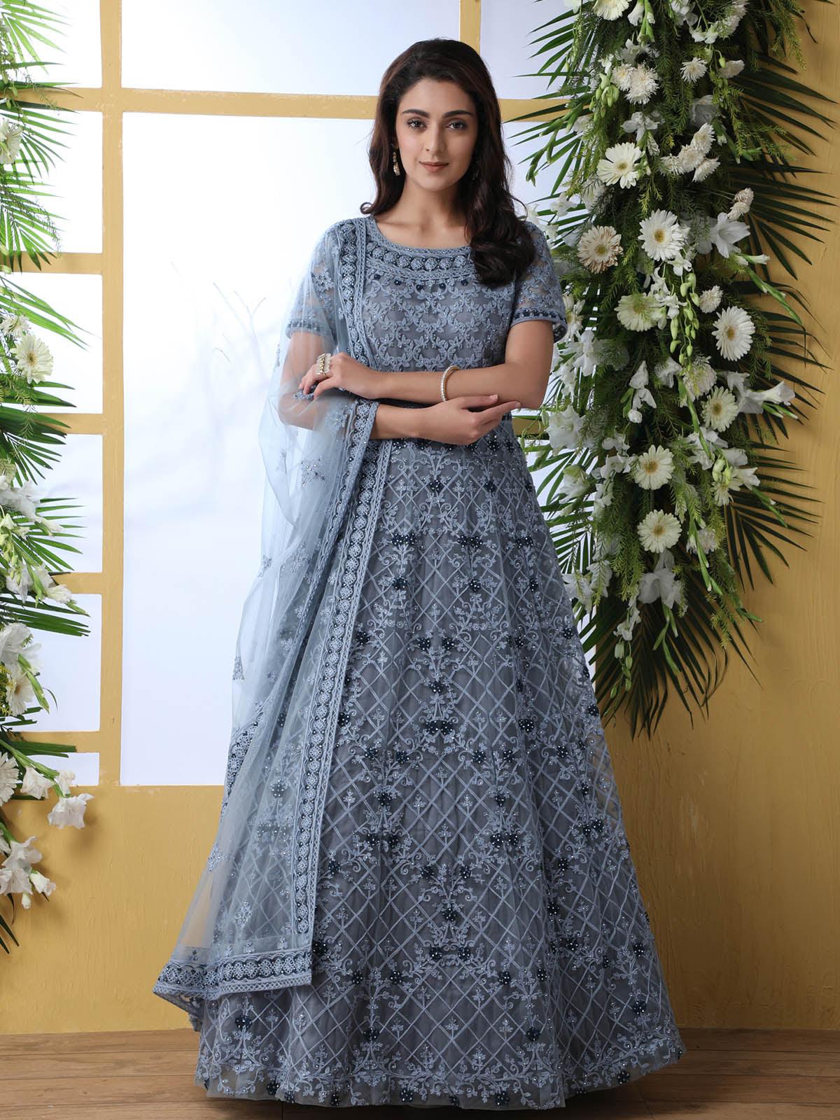 Odette Women Grey Net Semi Stitched Anarkali - Image 2