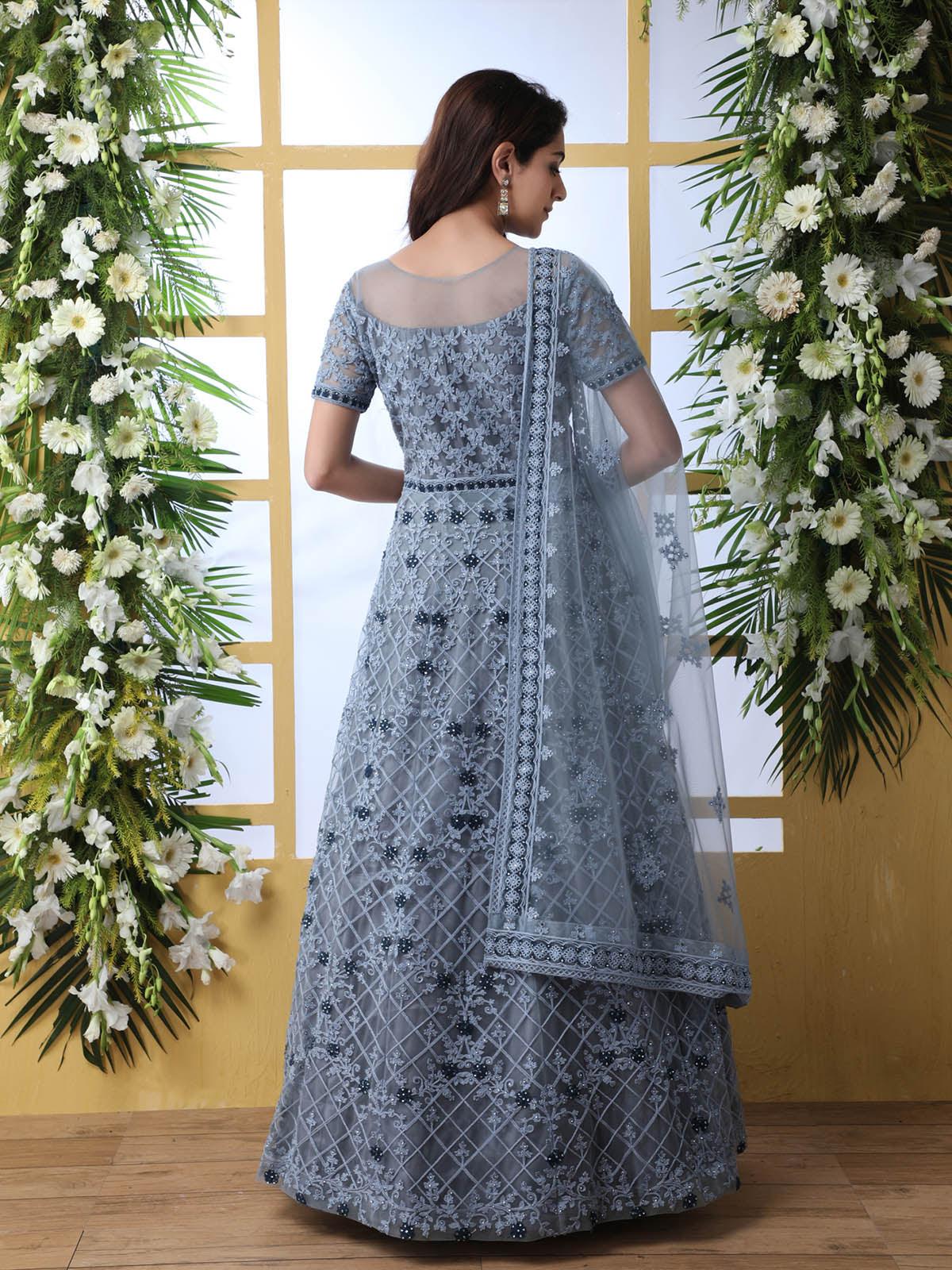 Odette Women Grey Net Semi Stitched Anarkali - Image 4