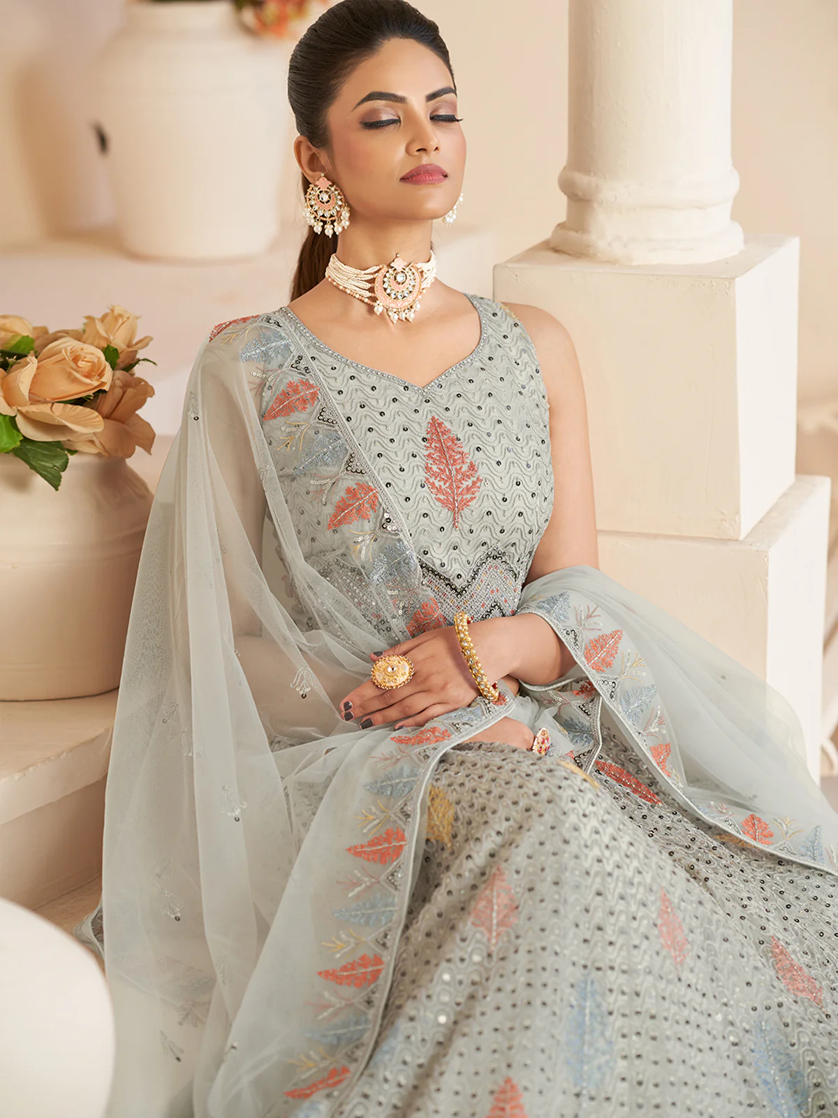 Odette Women Grey Net Embroidered Semi Stitched Lehenga With Unstitched Blouse - Image 4