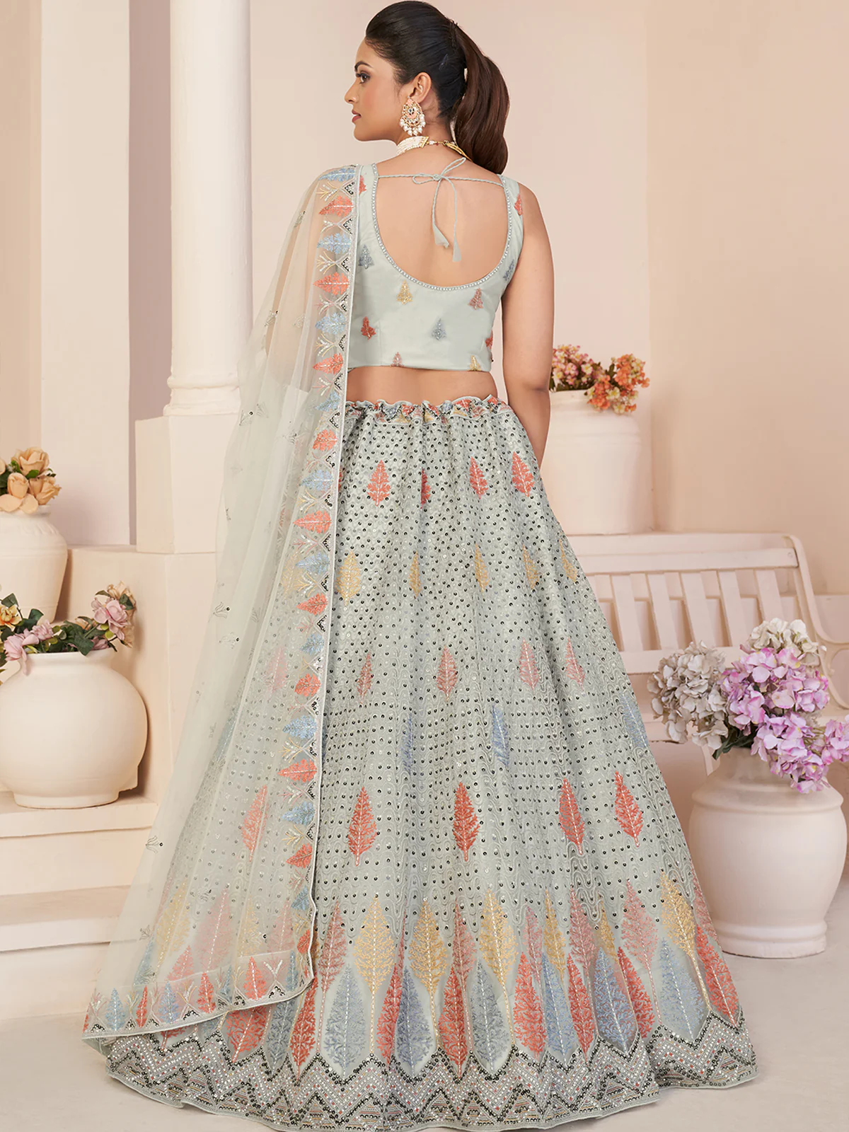Odette Women Grey Net Embroidered Semi Stitched Lehenga With Unstitched Blouse - Image 5