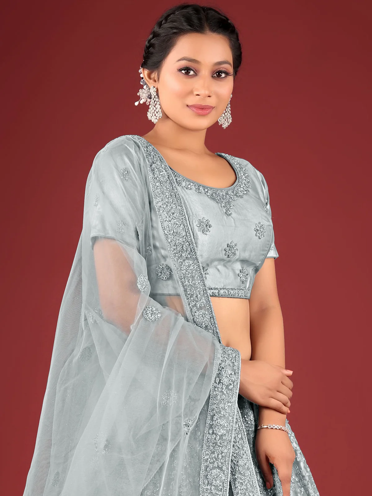 Odette Women Grey Net Embroidered Stitched Lehenga With Unstitched Blouse - Image 2