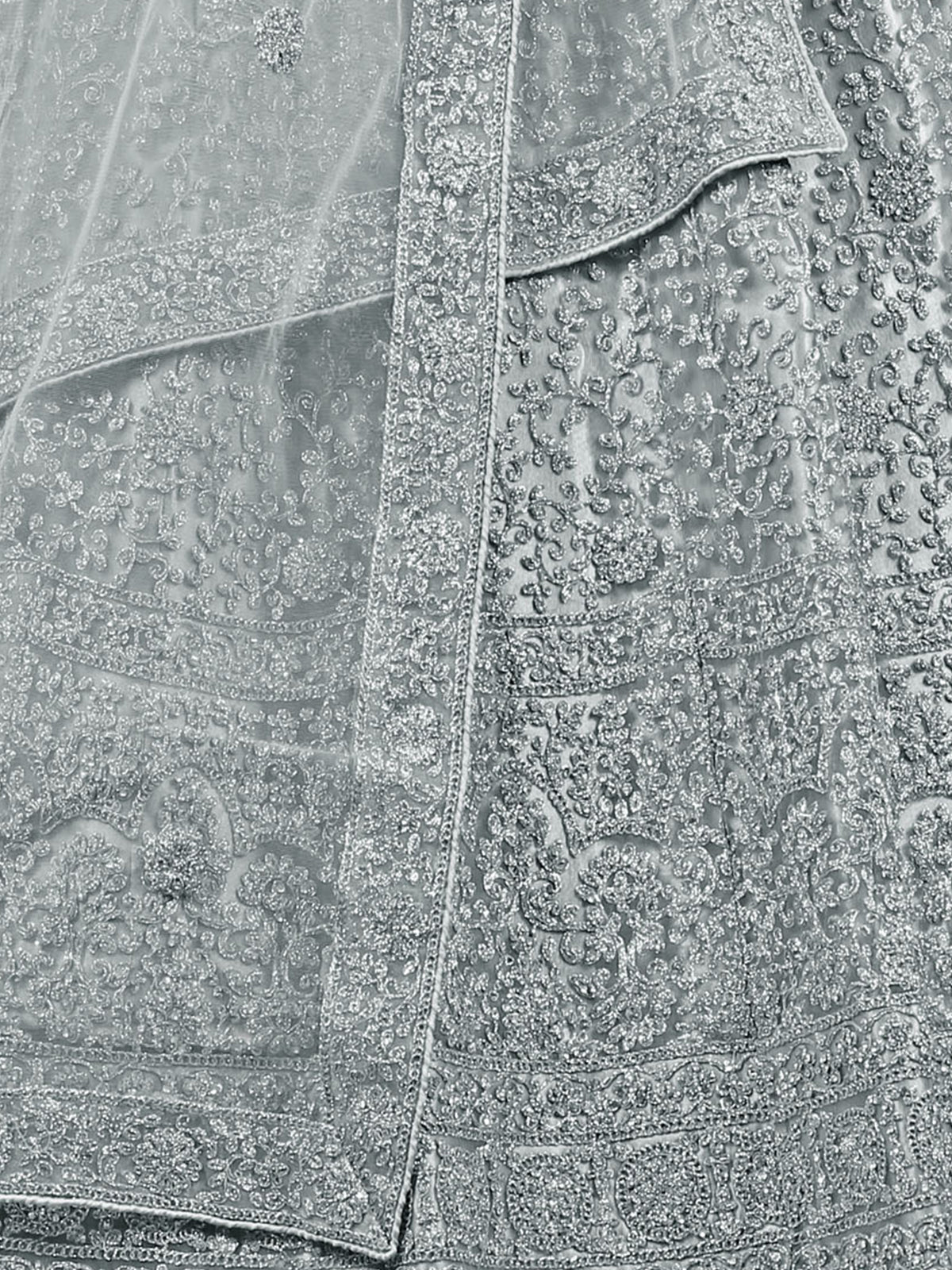 Odette Women Grey Net Embroidered Stitched Lehenga With Unstitched Blouse - Image 3