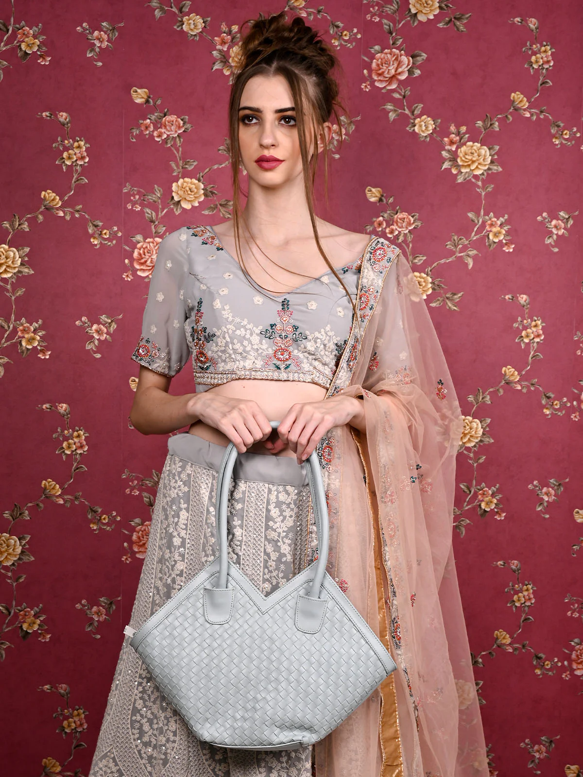 Odette Women Grey Patterned Hand Bag - Image 2