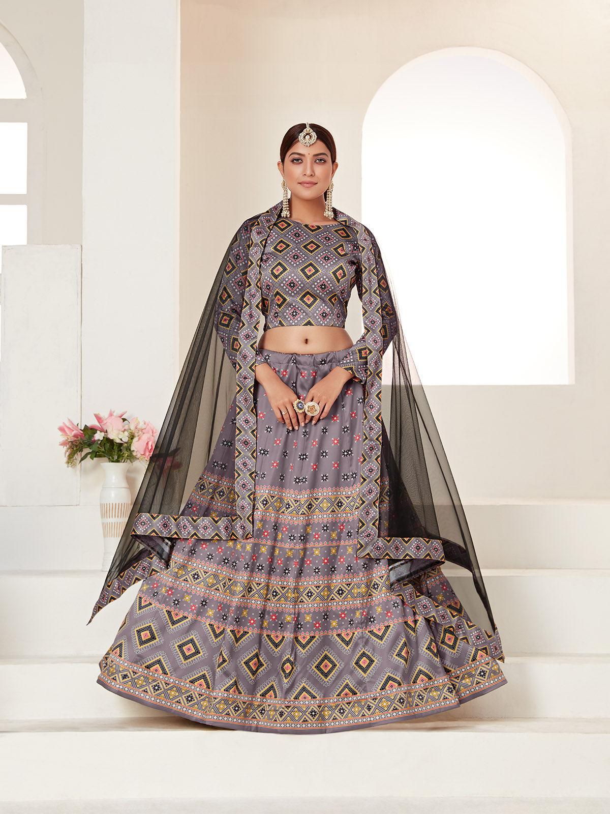 Odette Grey Printed Semi Stitched Lehenga With Unstitched Blouse For Women