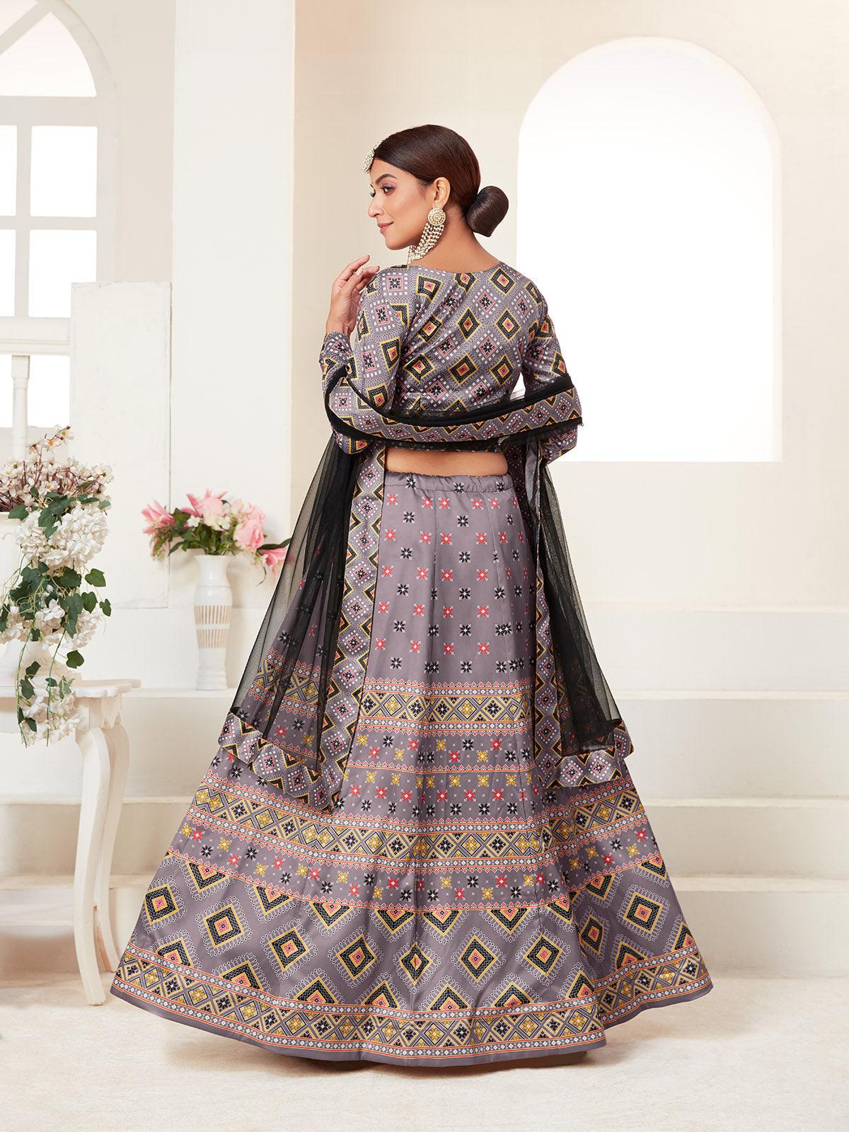 Odette Grey Printed Semi Stitched Lehenga With Unstitched Blouse For Women - Image 3