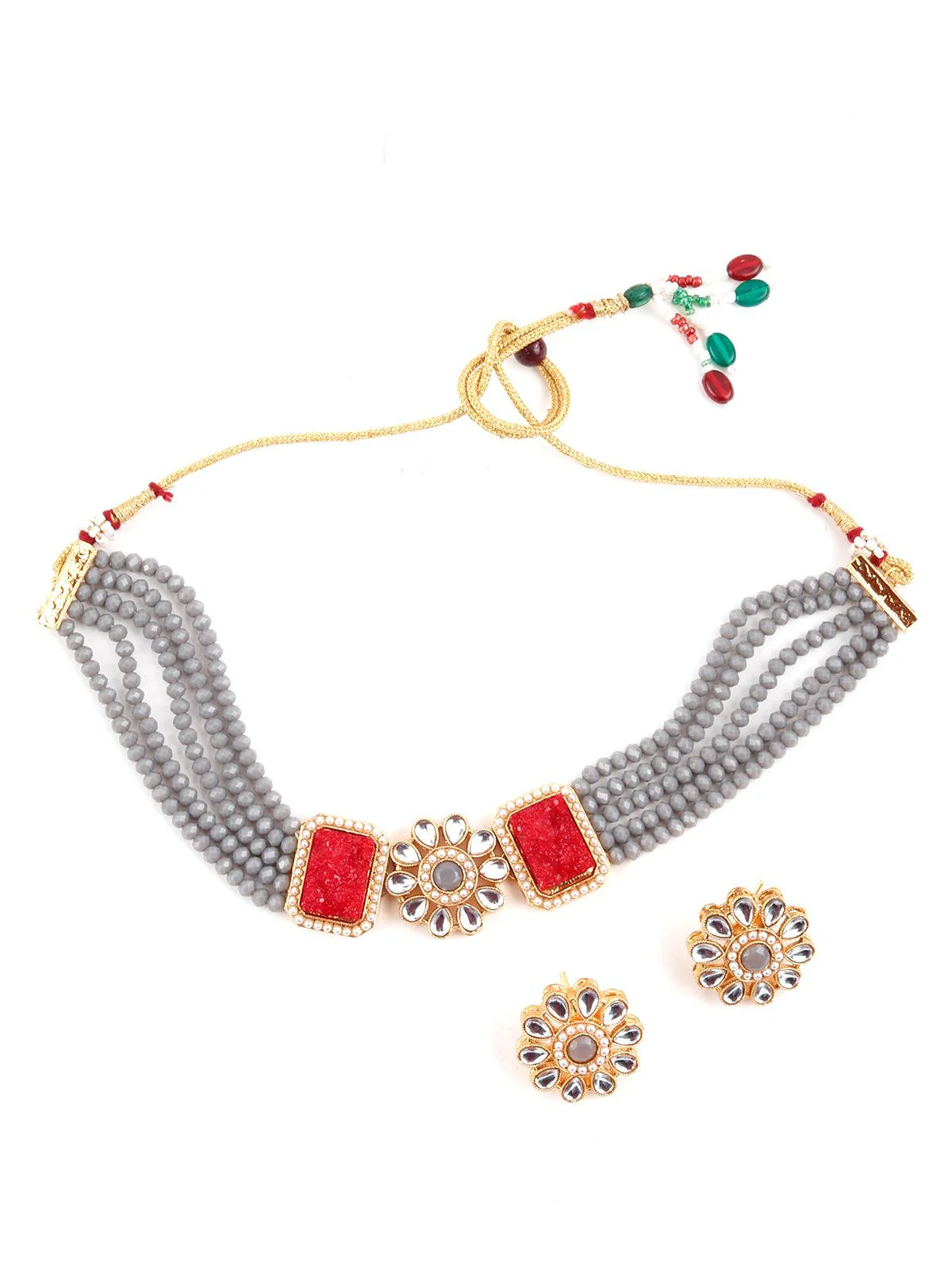 Odette Women Grey Red Trendy Kundan Choker Set - Image 3