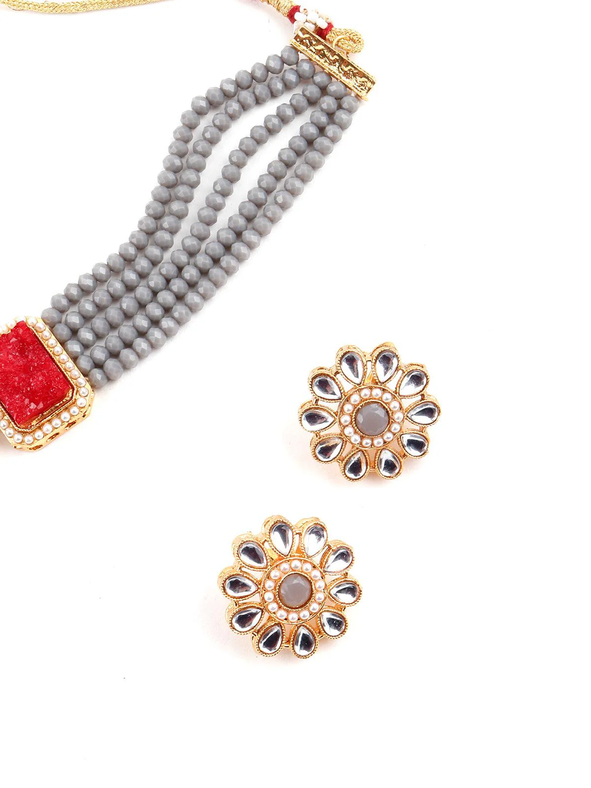 Odette Women Grey Red Trendy Kundan Choker Set - Image 4