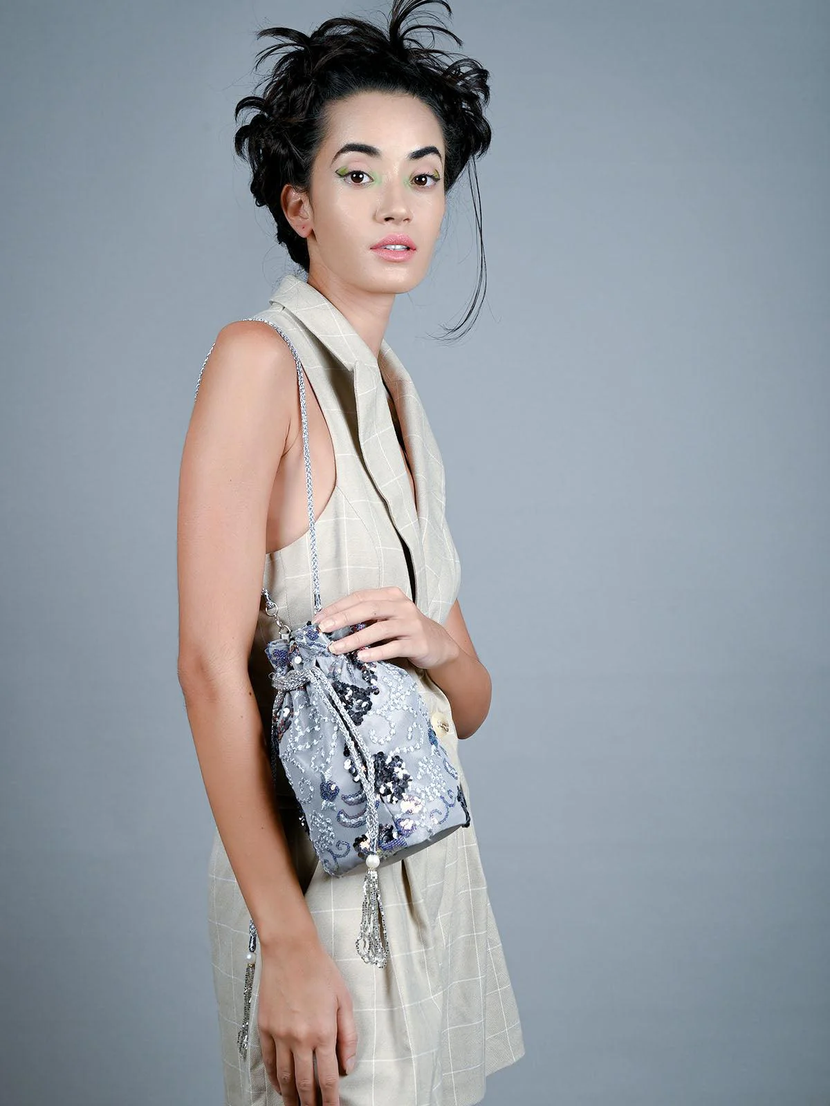 Odette Grey Sequence Potli Bag For Women