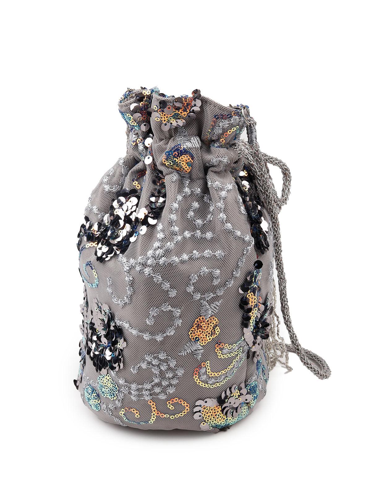 Odette Grey Sequence Potli Bag For Women - Image 5