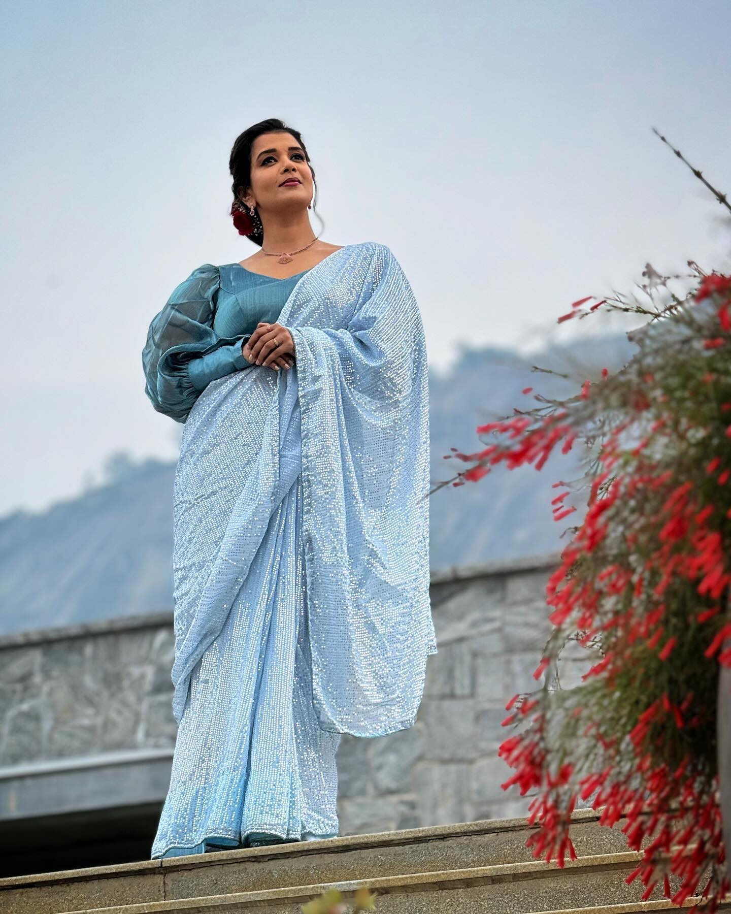 Odette Women Blue Sequin Georgette Saree With Unstitched Blouse - Image 2