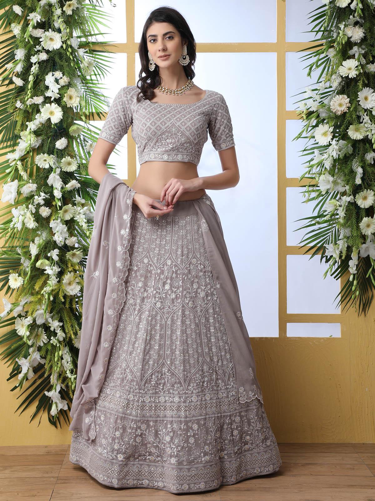 Odette Women Grey Sequins Georgette Semi Stitched Lehenga With Unstitched Blouse