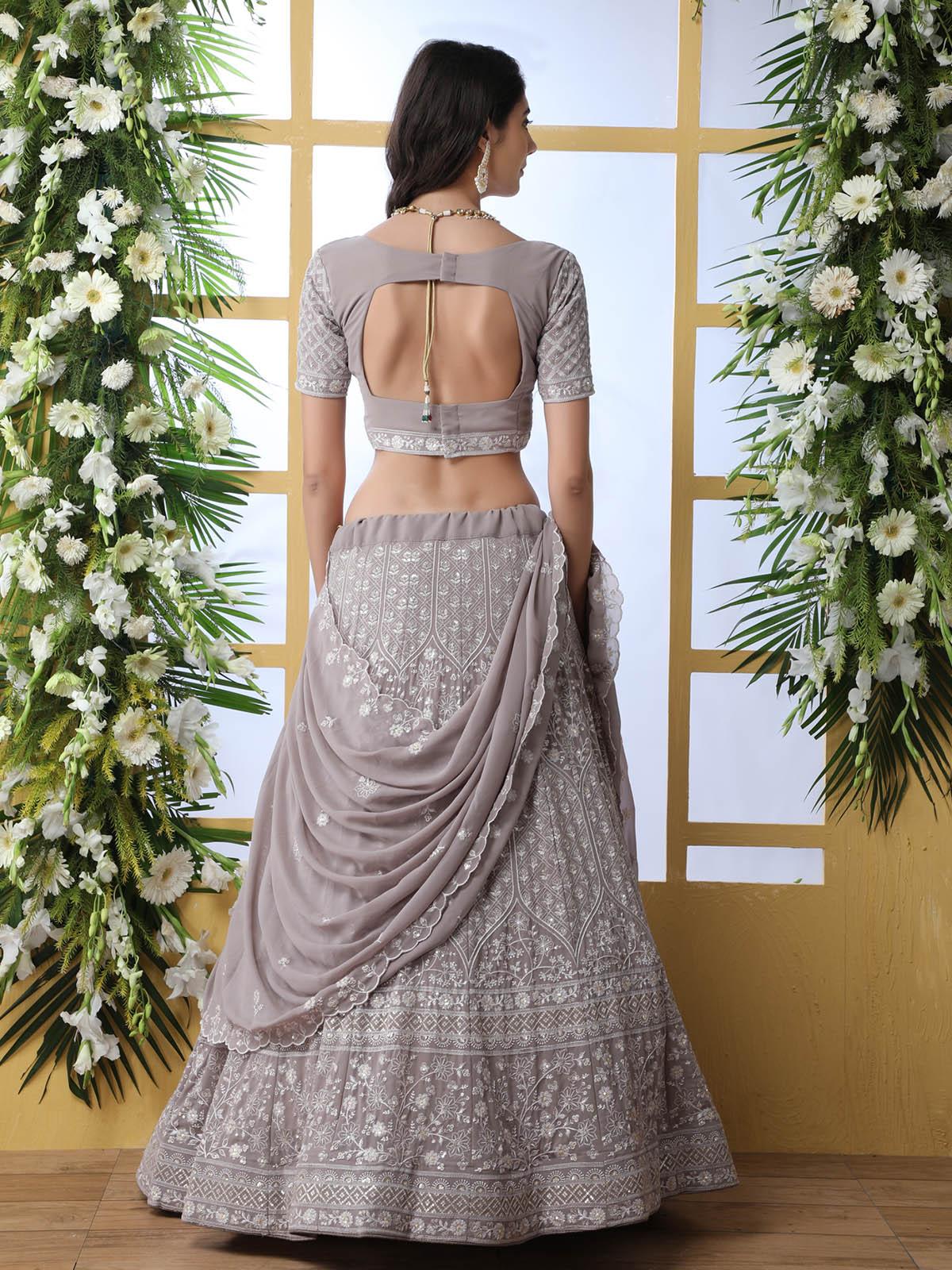 Odette Women Grey Sequins Georgette Semi Stitched Lehenga With Unstitched Blouse - Image 3