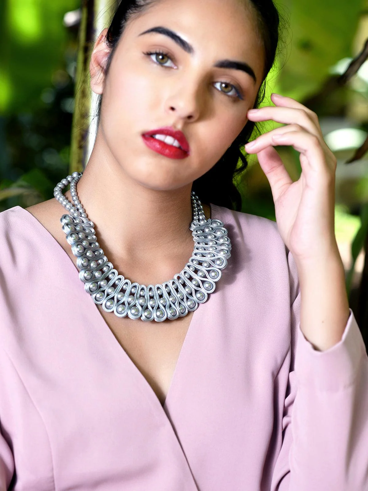 Odette Women Grey Shiny Looped Stone Necklace - Image 2