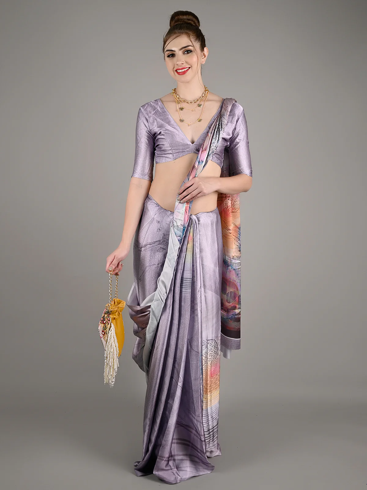 Odette Women Grey Soft Crepe Digital Print Saree With Unstitched Blouse