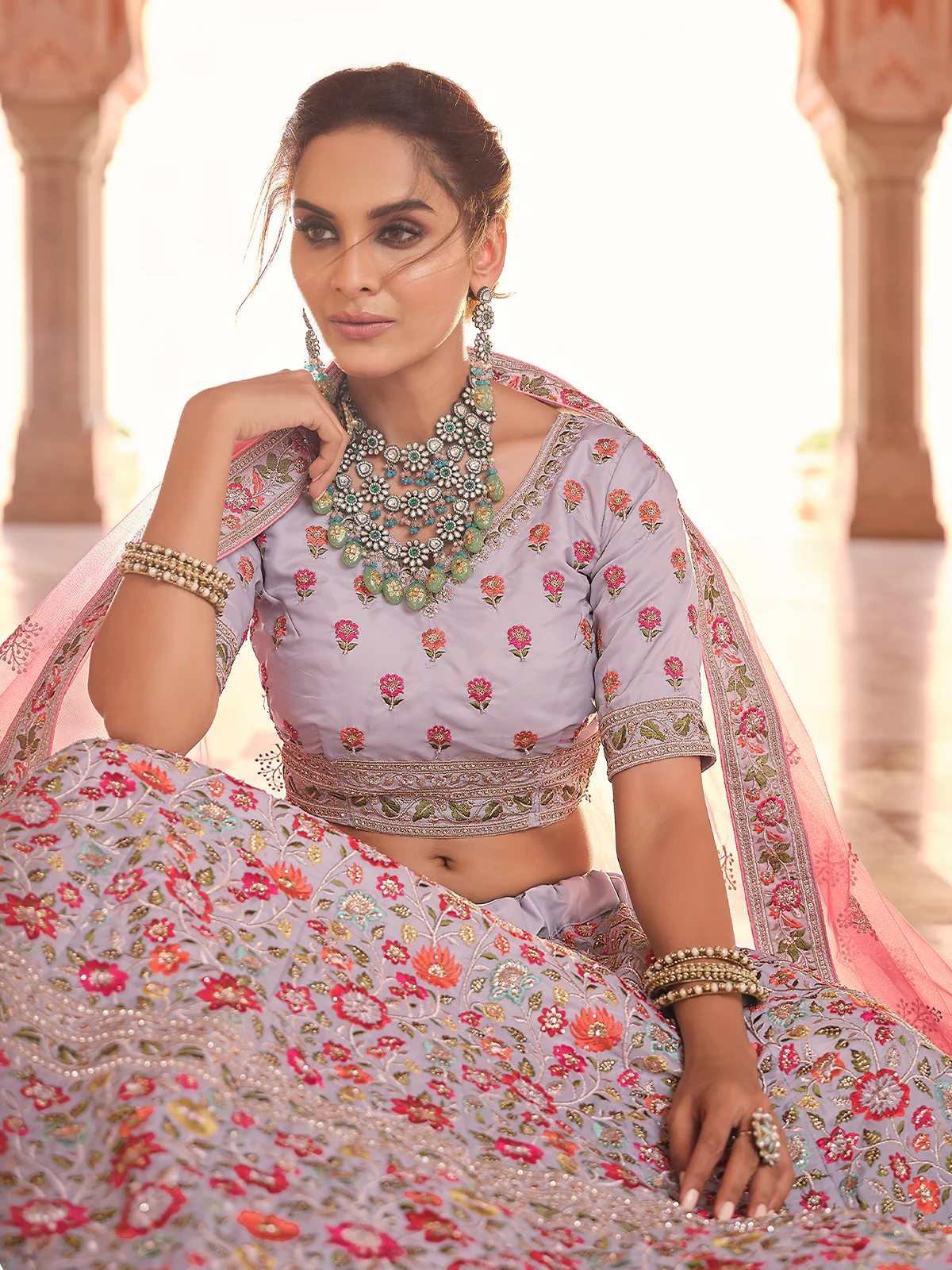 Odette Women Grey Embroidered Crepe Semi Stitched Lehenga With Unstitched Blouse - Image 4