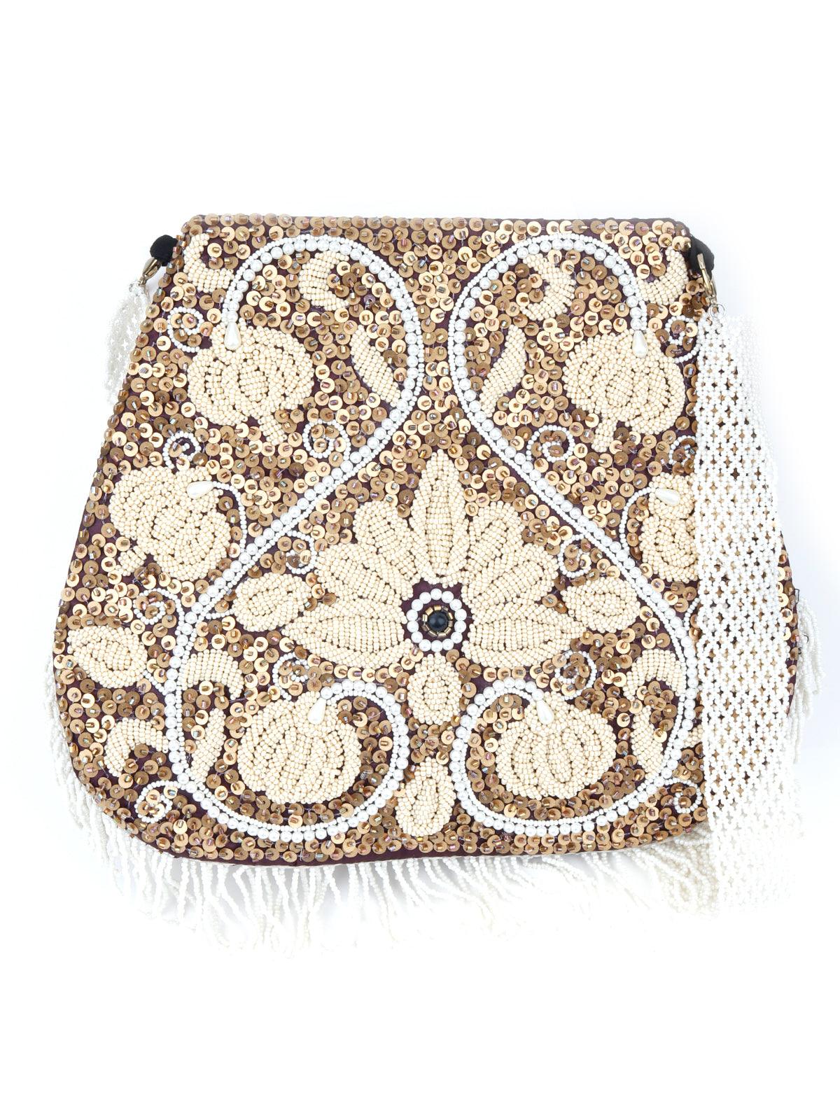 Odette Women Half Moon Shaped Brown Embroidered Sling Bag - Image 6