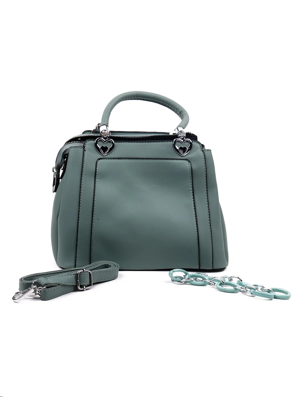 Odette Women Green Metal Handbag With A Pouch - Image 3