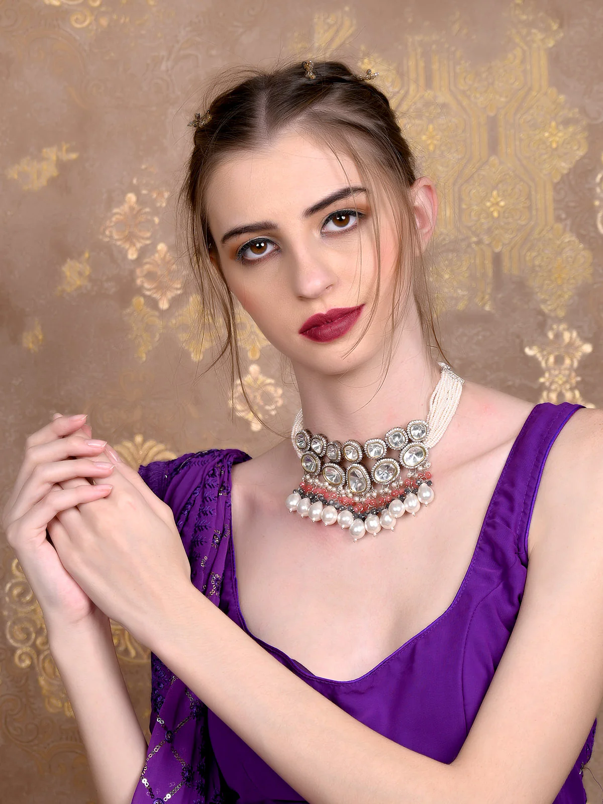 Odette Women Heavy Gold Imitation Choker Necklace Set - Image 2