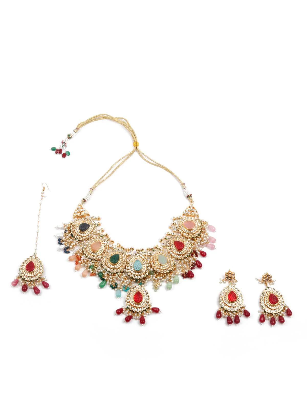 Odette Women Heavy Multicolored Stone Studded Neckpiece Set - Image 3