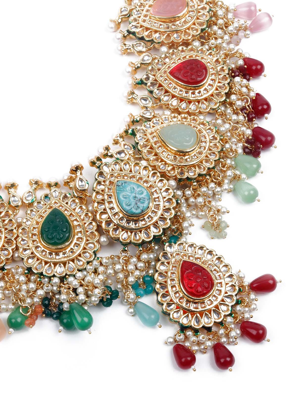 Odette Women Heavy Multicolored Stone Studded Neckpiece Set - Image 5
