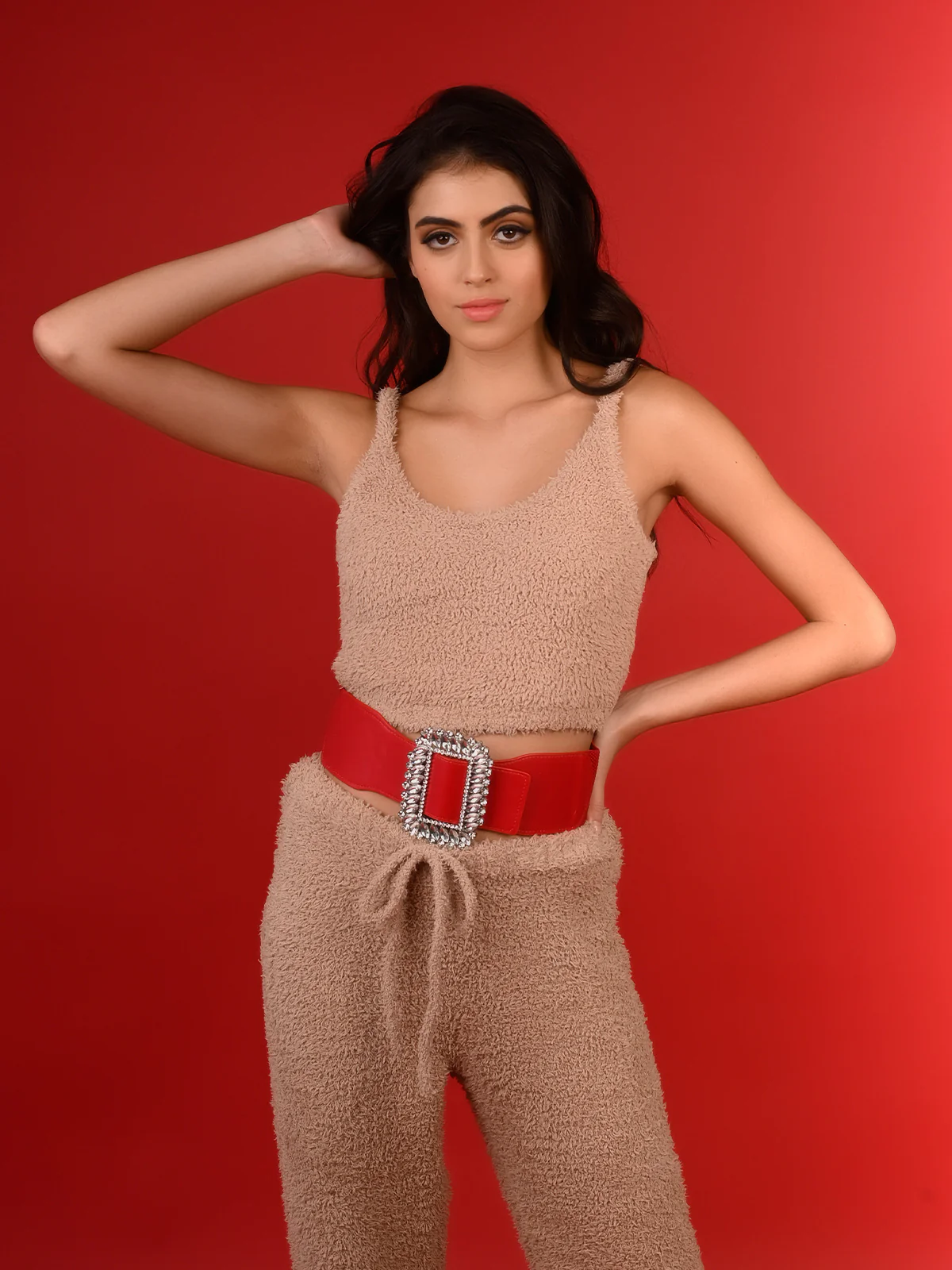 Odette Women Hi-Fashion Red Broad Elastane Embellished Belt