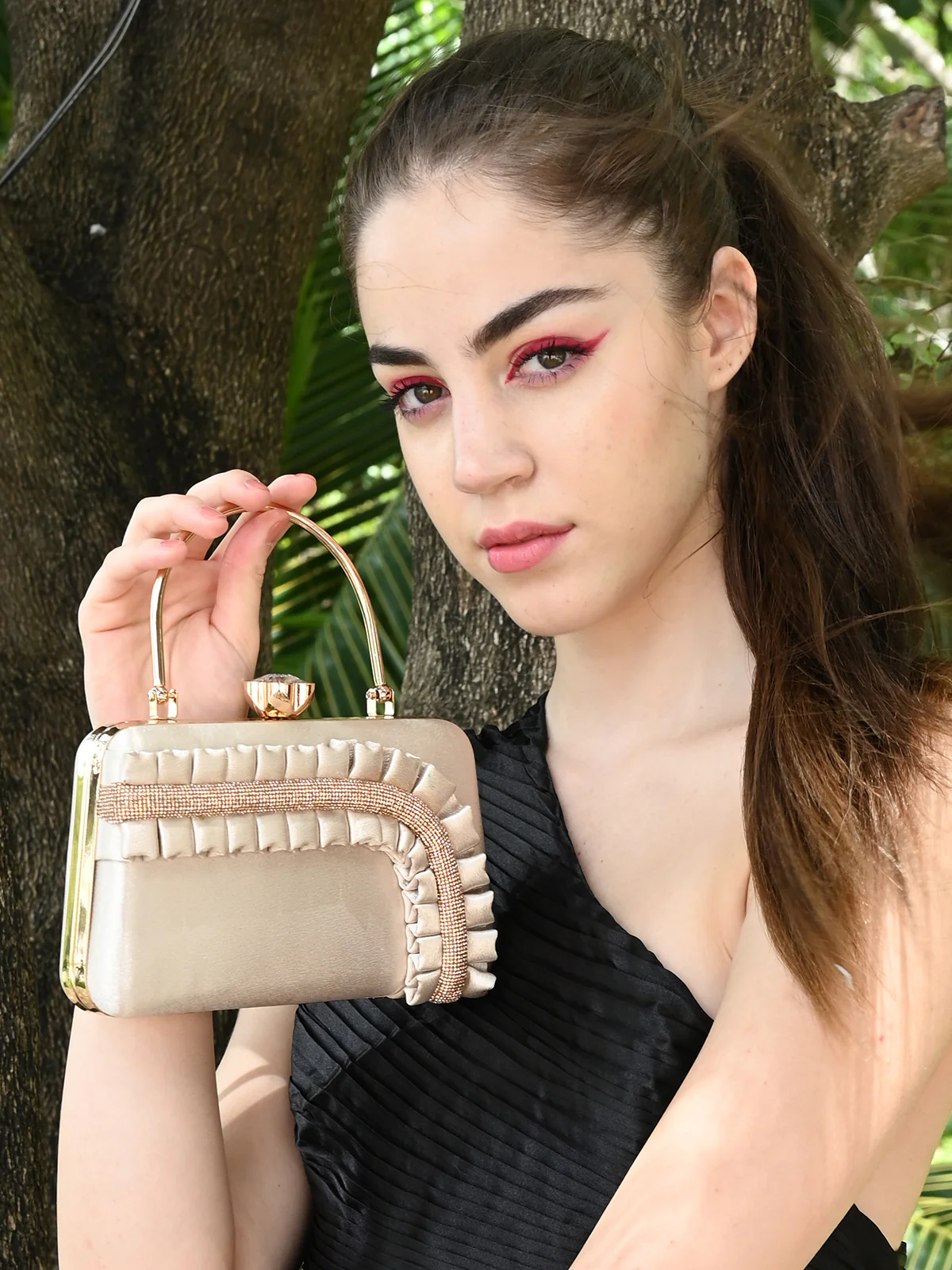 Odette Women Hi-Shine Ruched Detail Structured Clutch Bag - Image 2