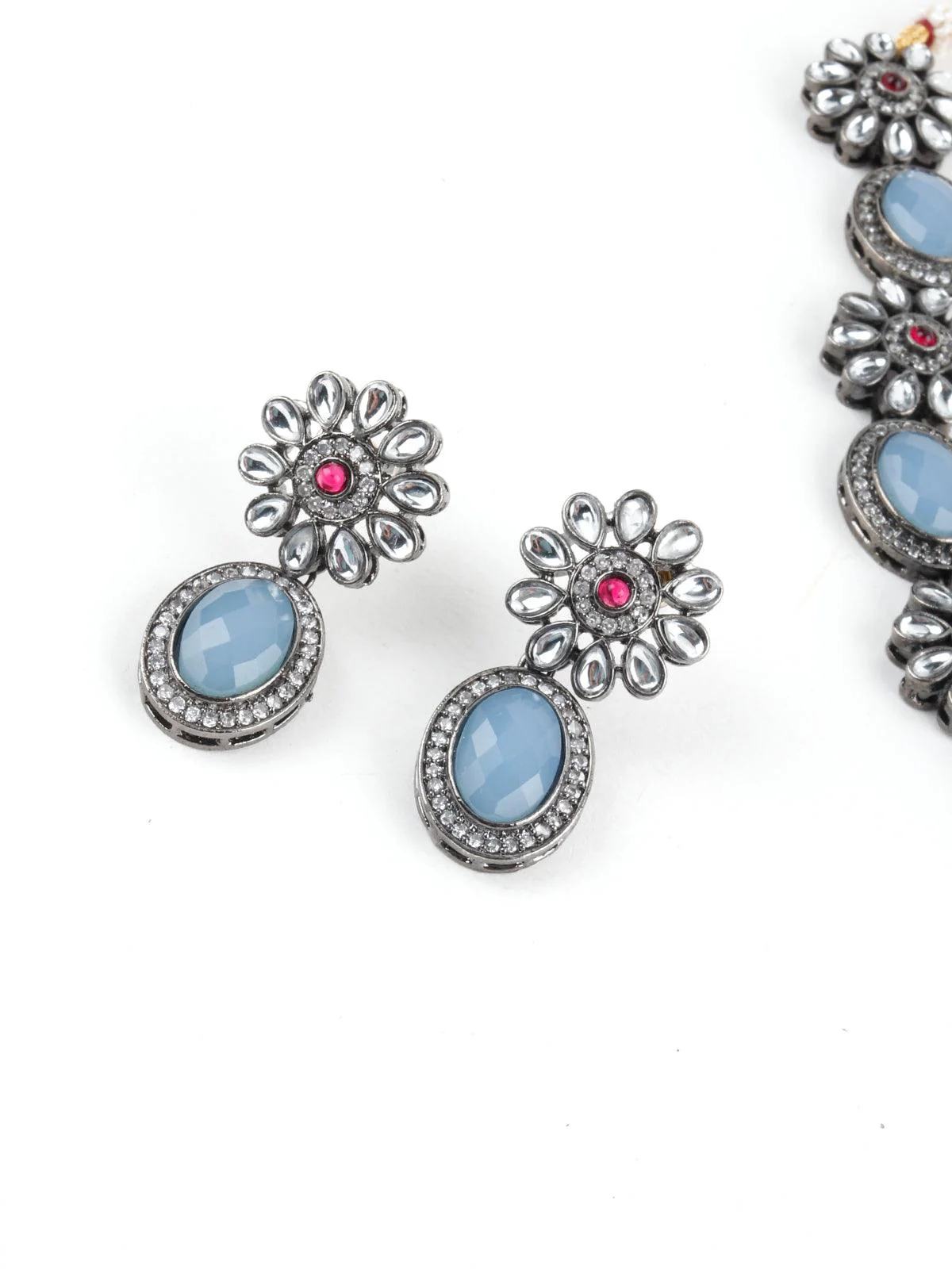 Odette Women Iceberg Blue Floral Choker Necklace Set - Image 5