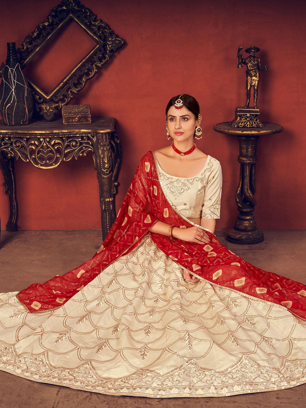 Odette Women Impressive Beige Art Silk Semi Stitched Lehenga With  Unstitched Blouse - Image 2