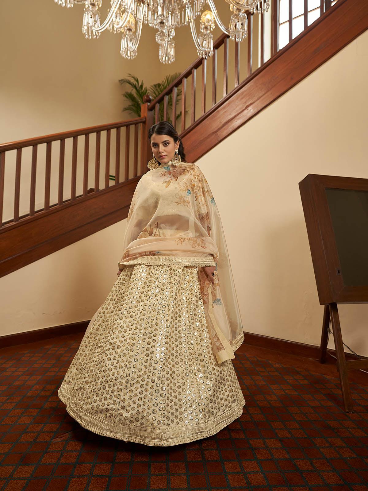 Odette Women Impressive Beige Art Silk Semi Stitched Lehenga With  Unstitched Blouse - Image 2