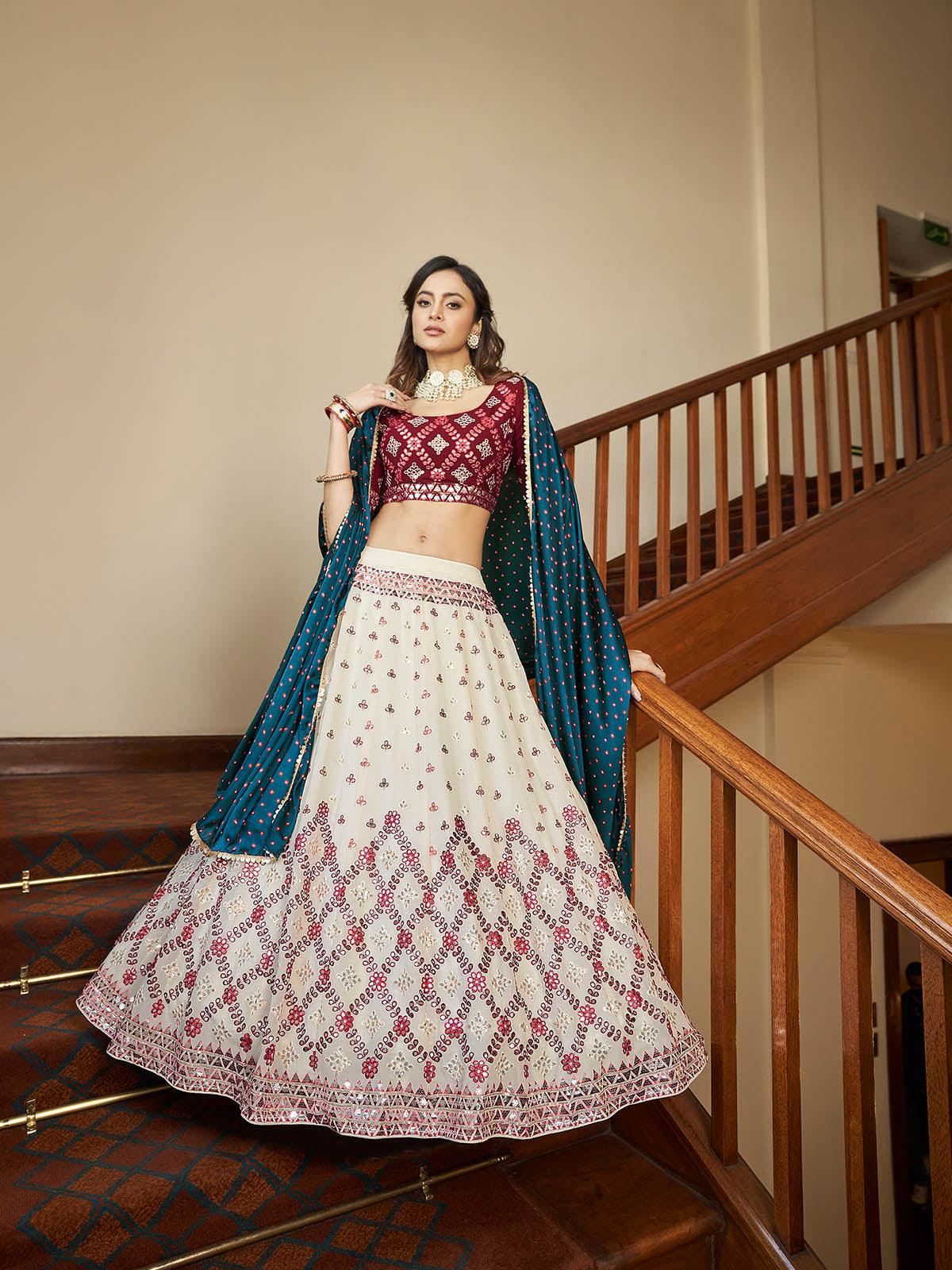 Odette Women Impressive Beige Georgette Semi Stitched Lehenga With  Unstitched Blouse - Image 3