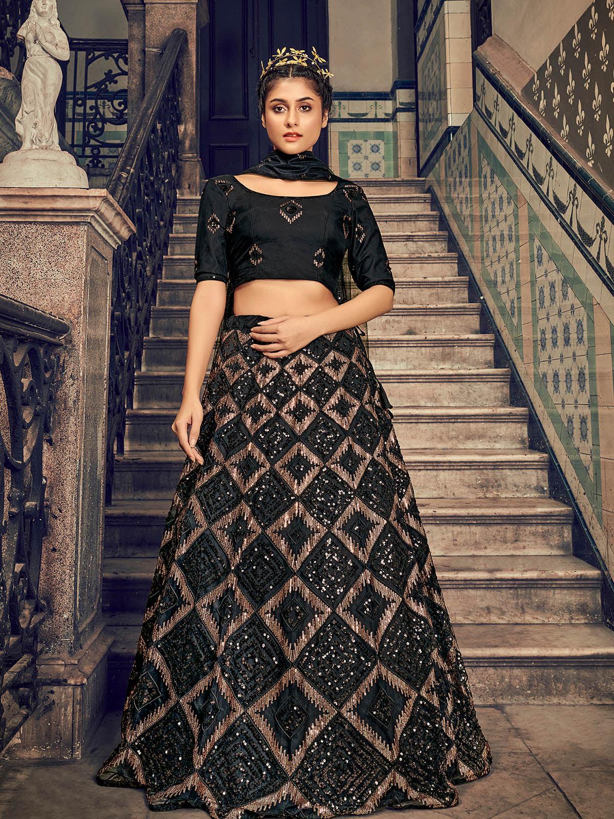Odette Women Impressive Black Net Sequins Semi Stitched Lehenga With Unstitched Blouse