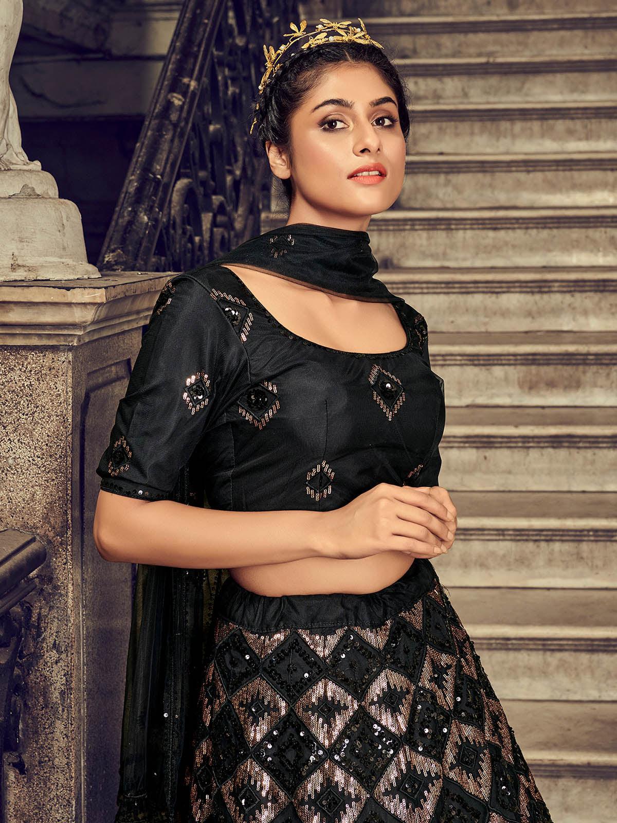 Odette Women Impressive Black Net Sequins Semi Stitched Lehenga With Unstitched Blouse - Image 2