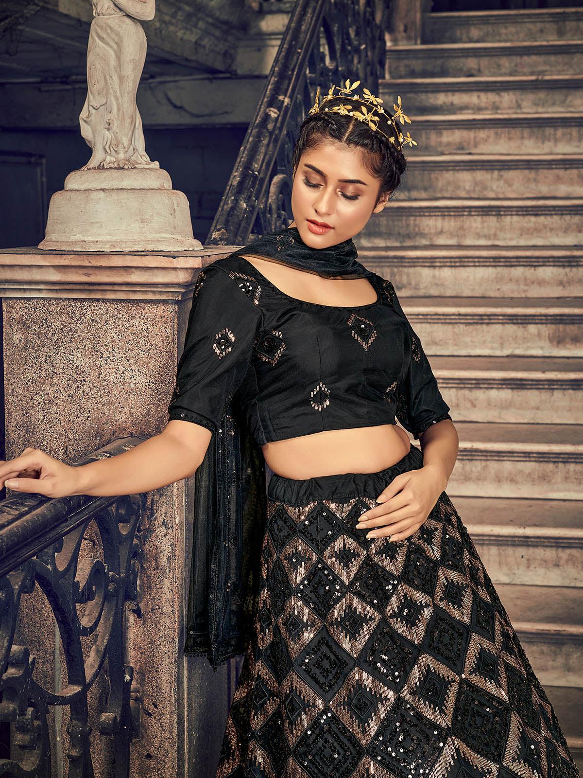 Odette Women Impressive Black Net Sequins Semi Stitched Lehenga With Unstitched Blouse - Image 3
