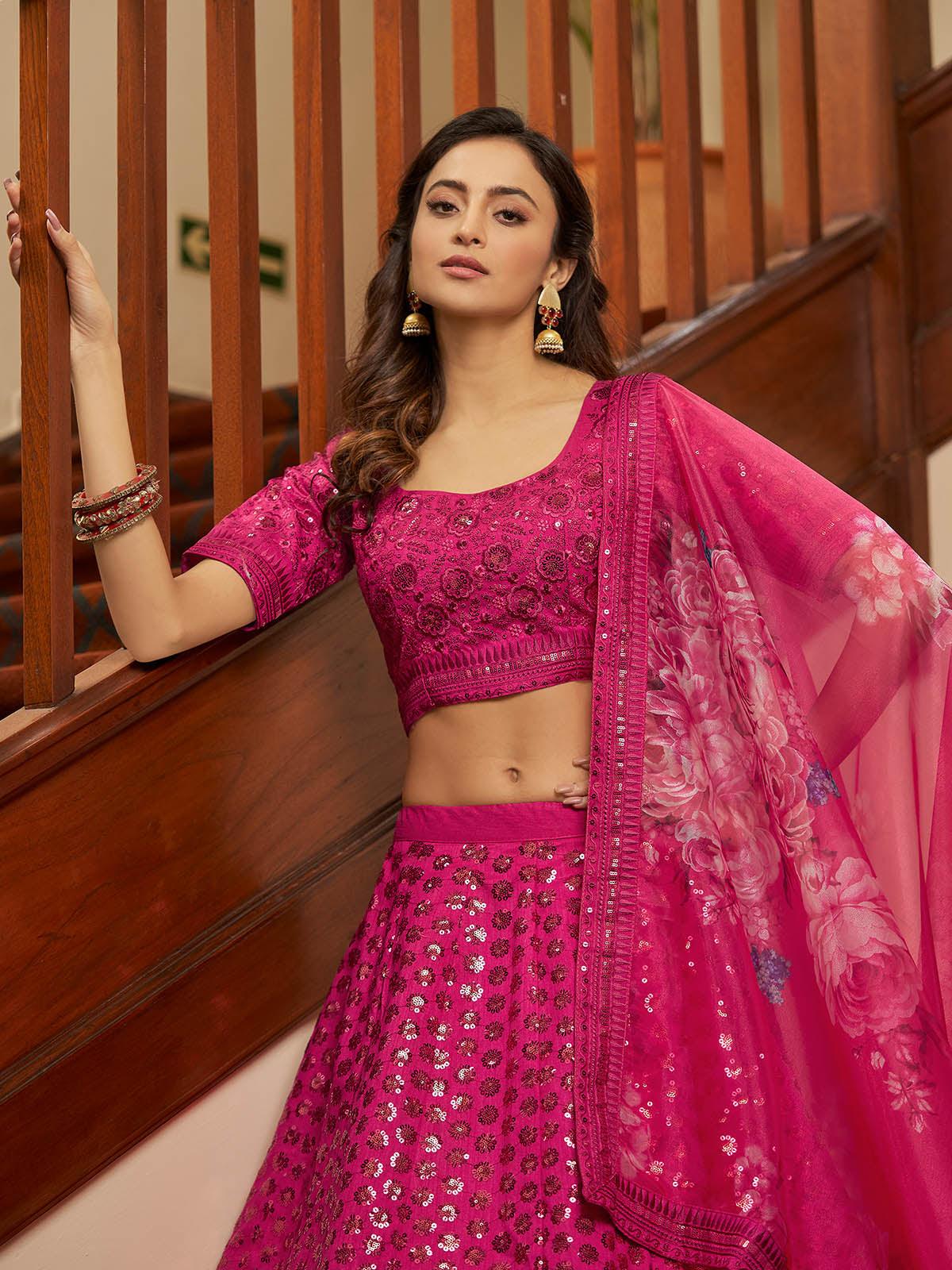 Odette Women Impressive Deep Pink Art Silk Semi Stitched Lehenga With  Unstitched Blouse - Image 4