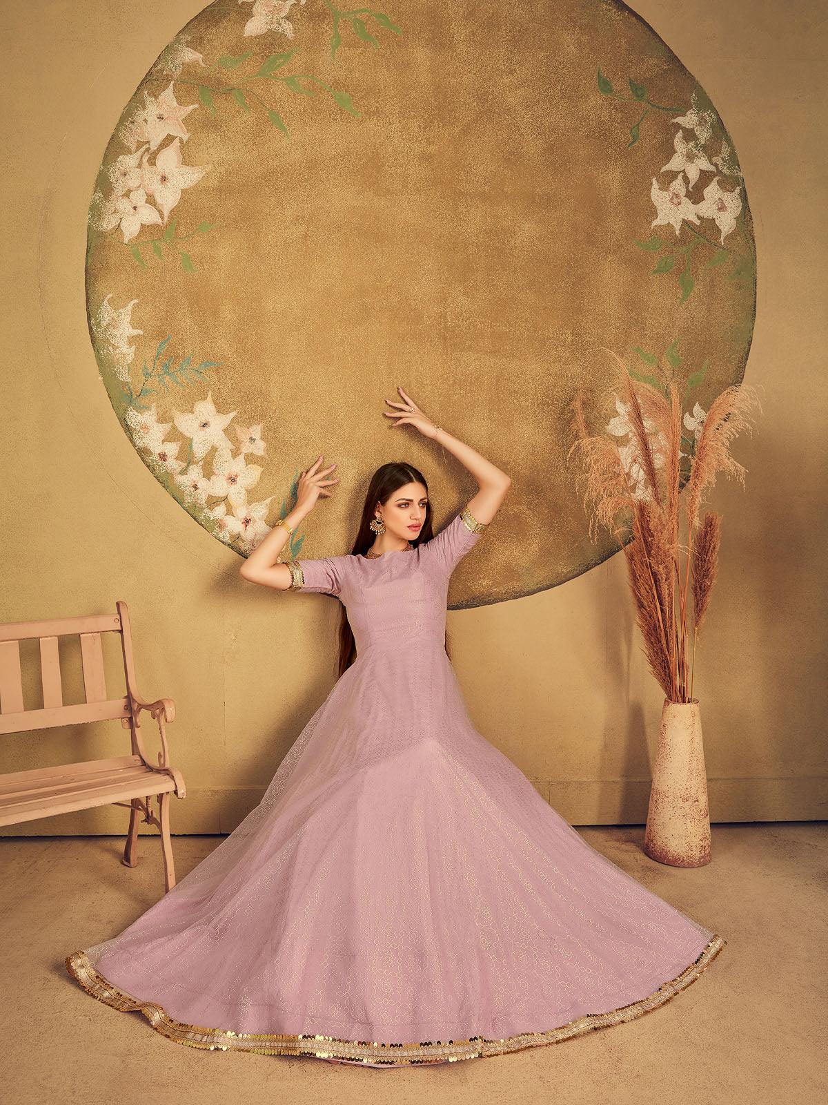 Odette Women Impressive Dusty Pink Net Semi Stitched Gown - Image 4