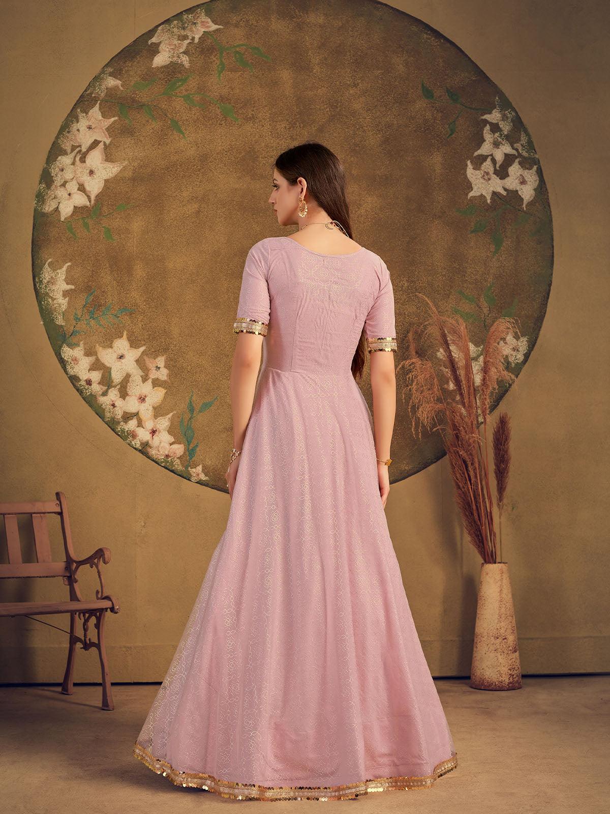 Odette Women Impressive Dusty Pink Net Semi Stitched Gown - Image 5