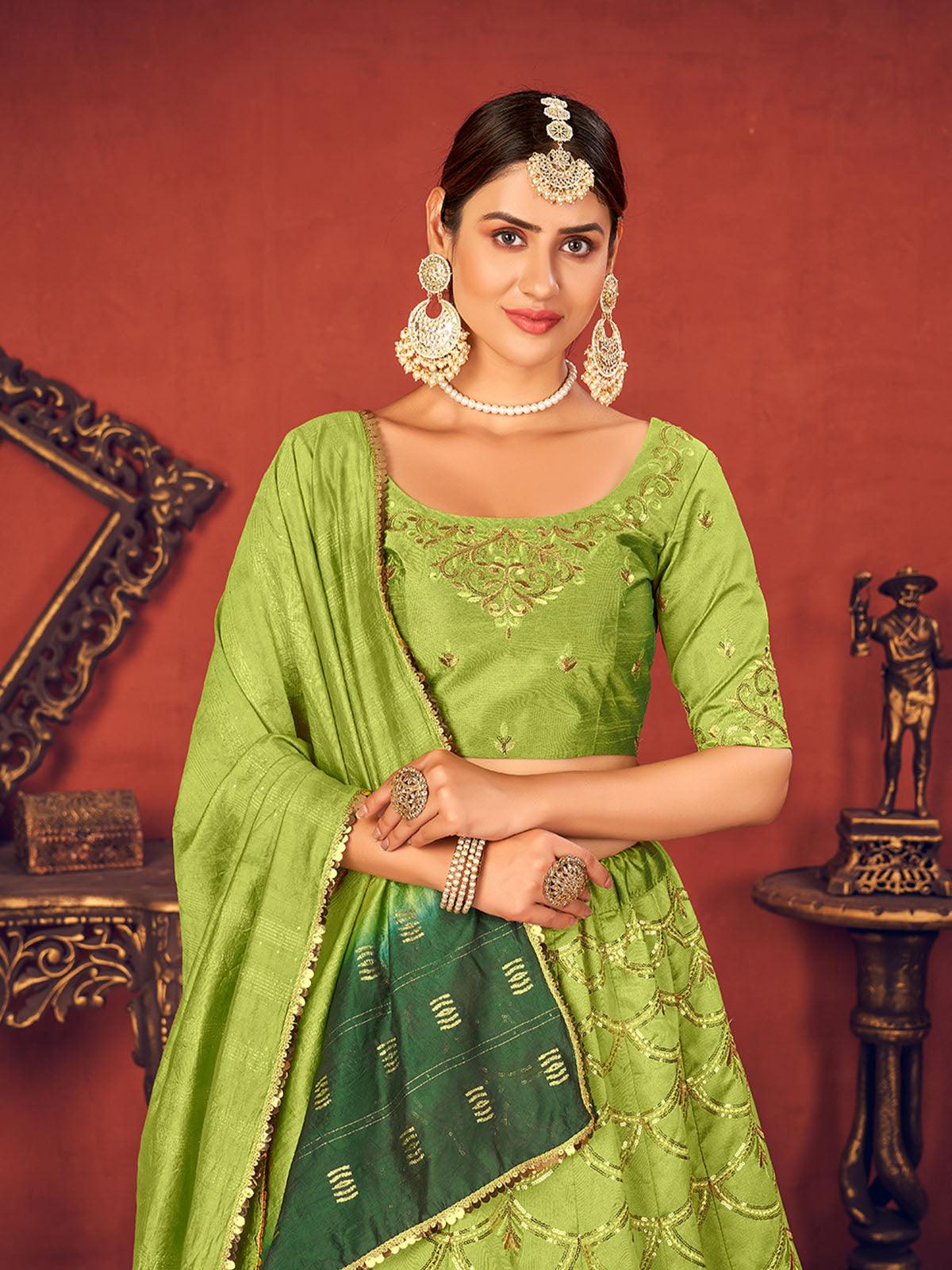 Odette Women Impressive Floracance Green Art Silk Semi Stitched Lehenga With  Unstitched Blouse - Image 2