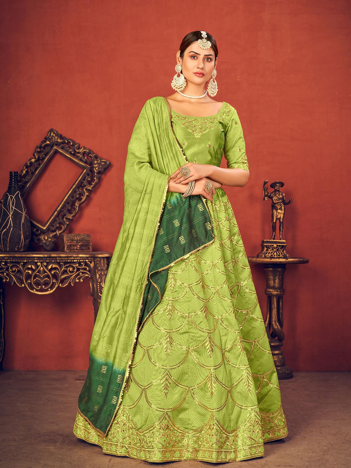 Odette Women Impressive Floracance Green Art Silk Semi Stitched Lehenga With  Unstitched Blouse - Image 3