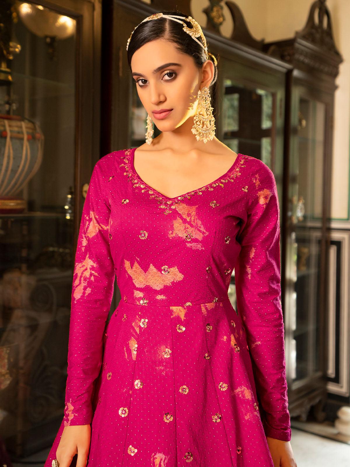 Odette Women Impressive Fuschia Cotton Semi Stitched Anarkali - Image 2