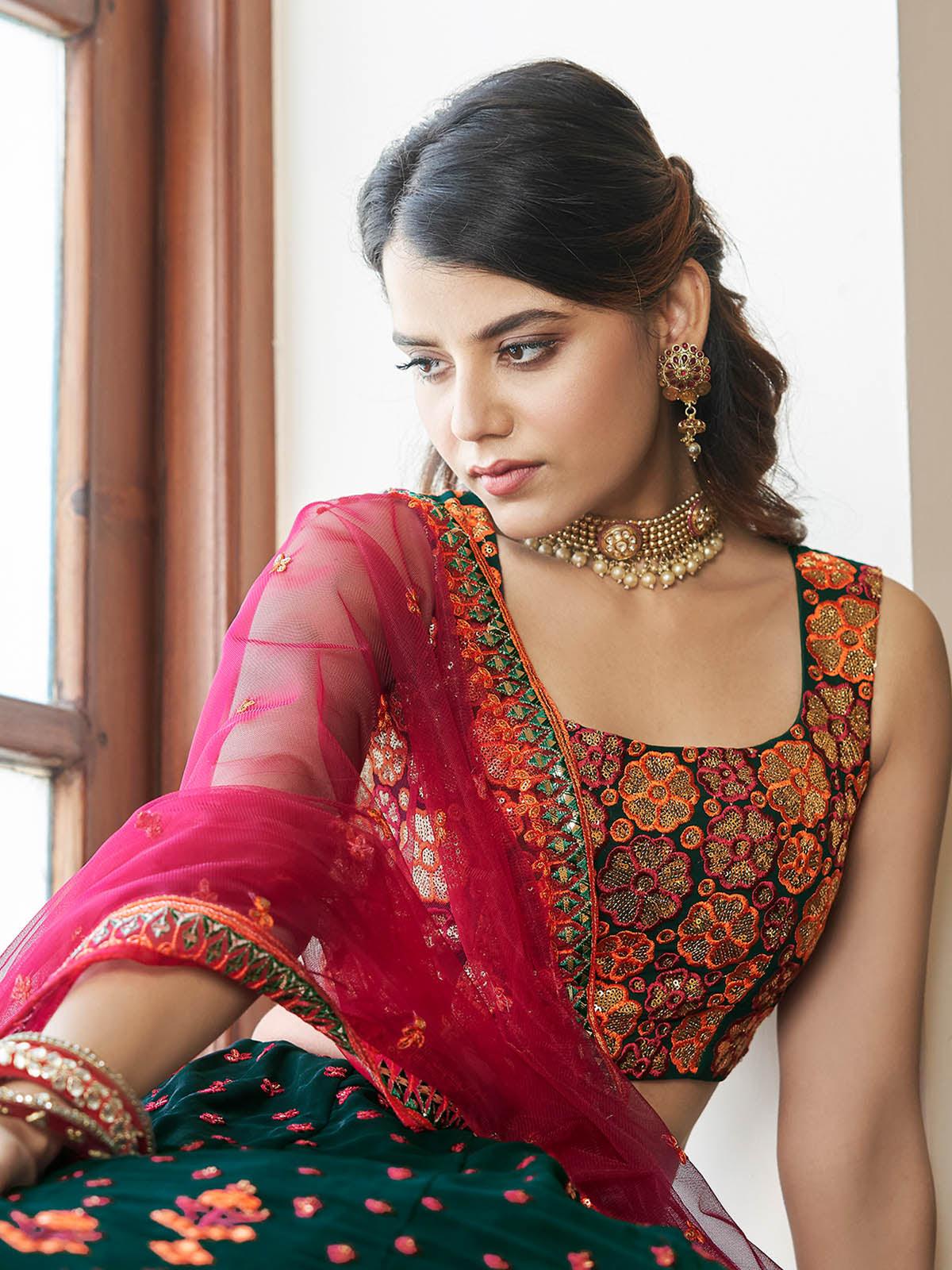 Odette Women Impressive Green Georgette Semi Stitched Lehenga With  Unstitched Blouse - Image 2