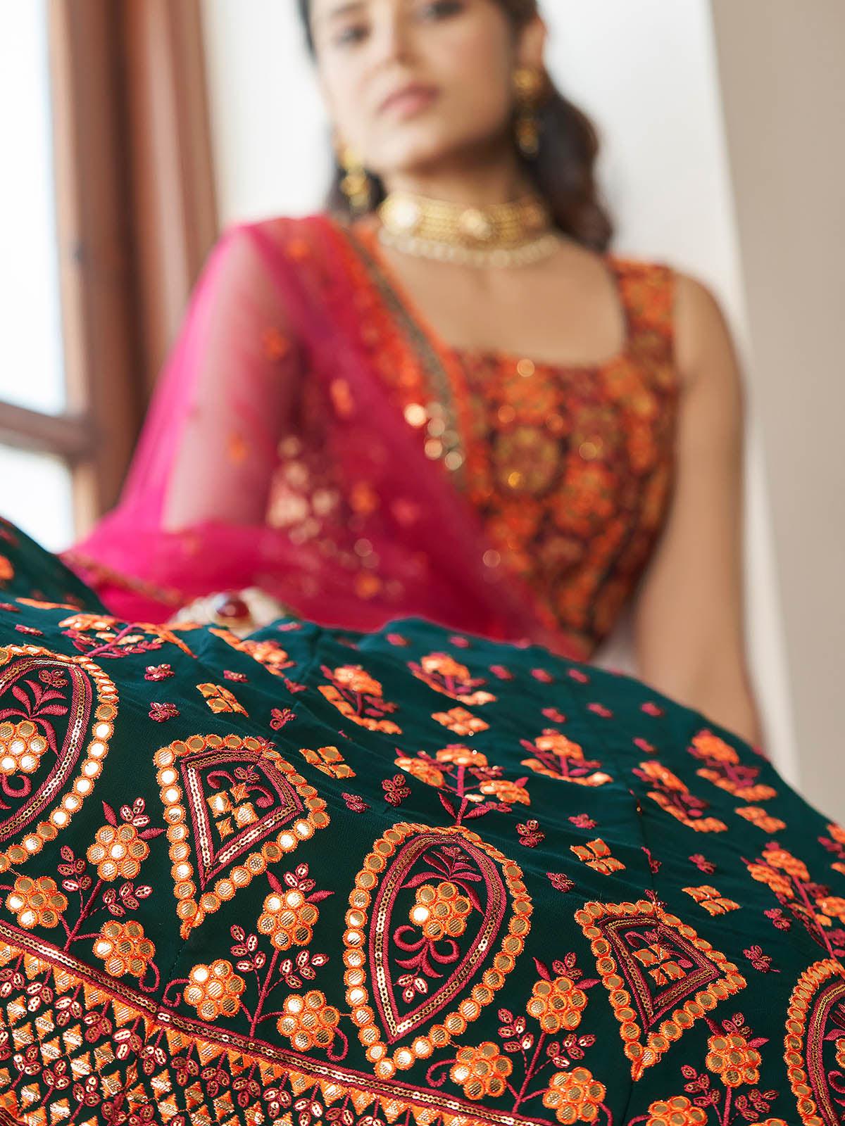 Odette Women Impressive Green Georgette Semi Stitched Lehenga With  Unstitched Blouse - Image 3
