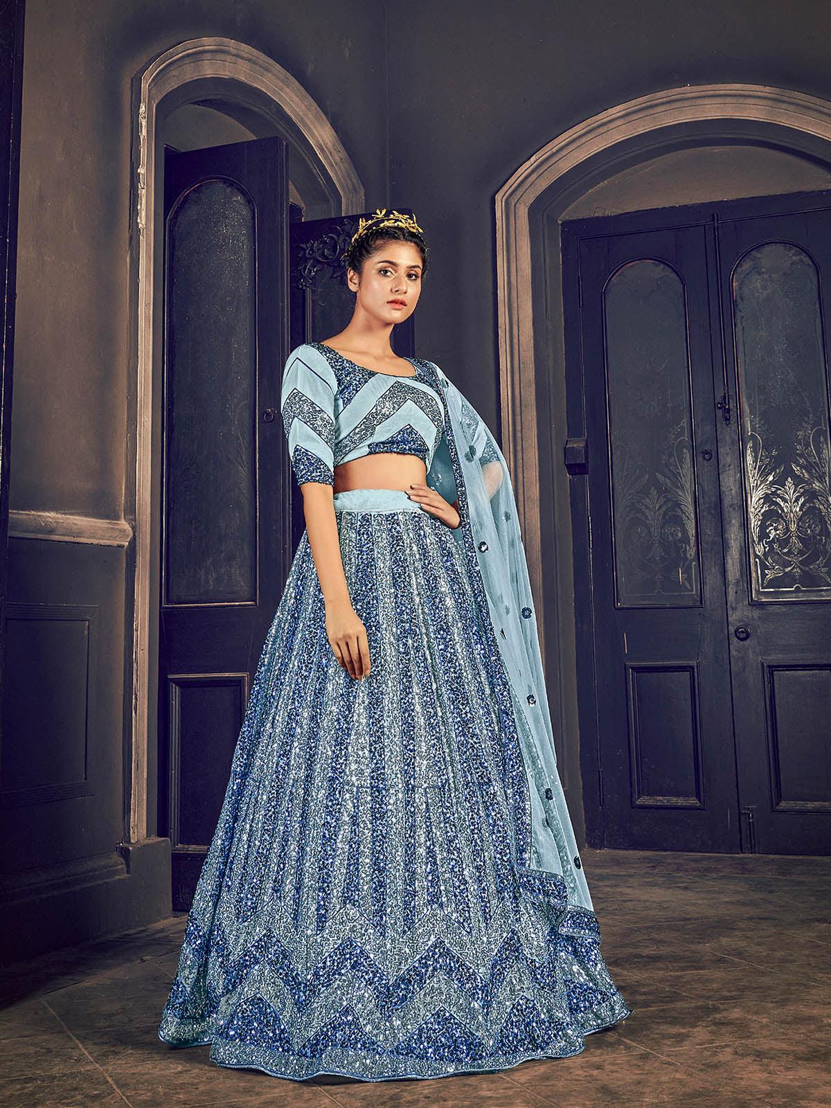 Odette Women Impressive Grey Net Sequins Semi Stitched Lehenga With Unstitched Blouse - Image 3