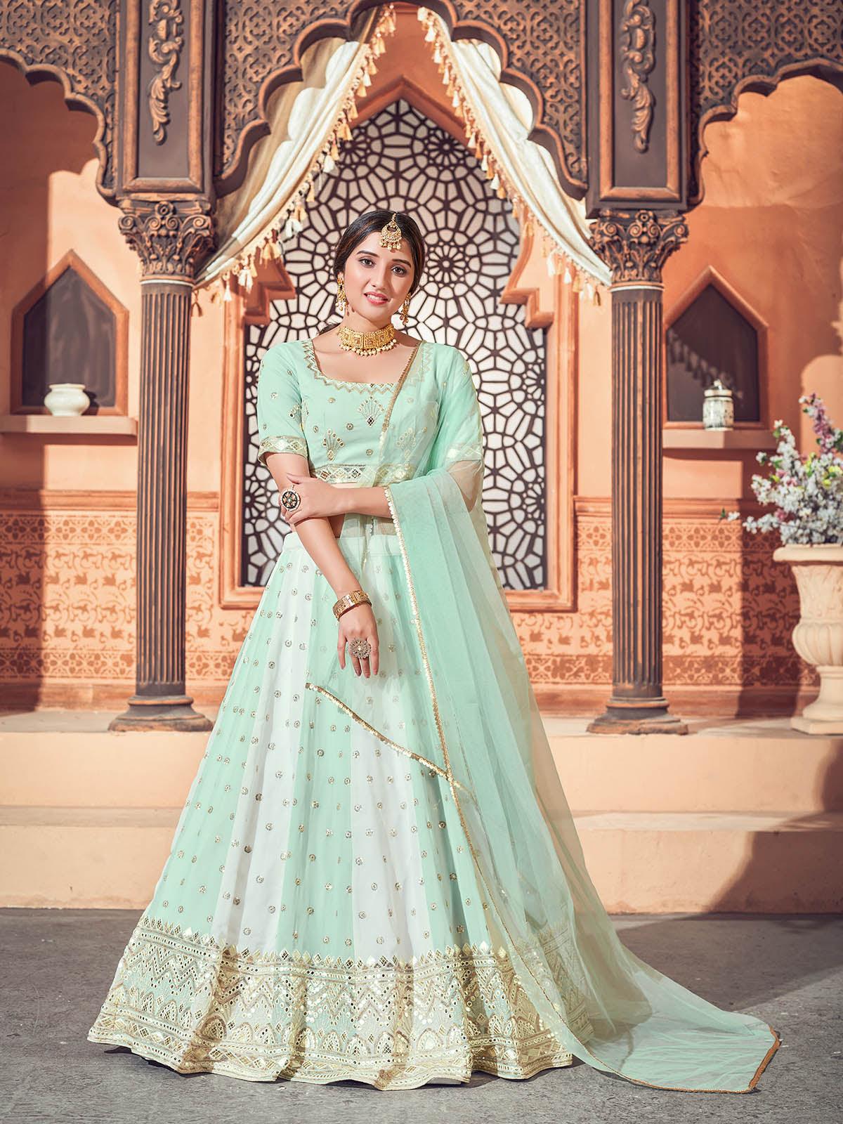 Odette Women Impressive Pista Green Georgette Semi Stitched Lehenga With  Unstitched Blouse - Image 2