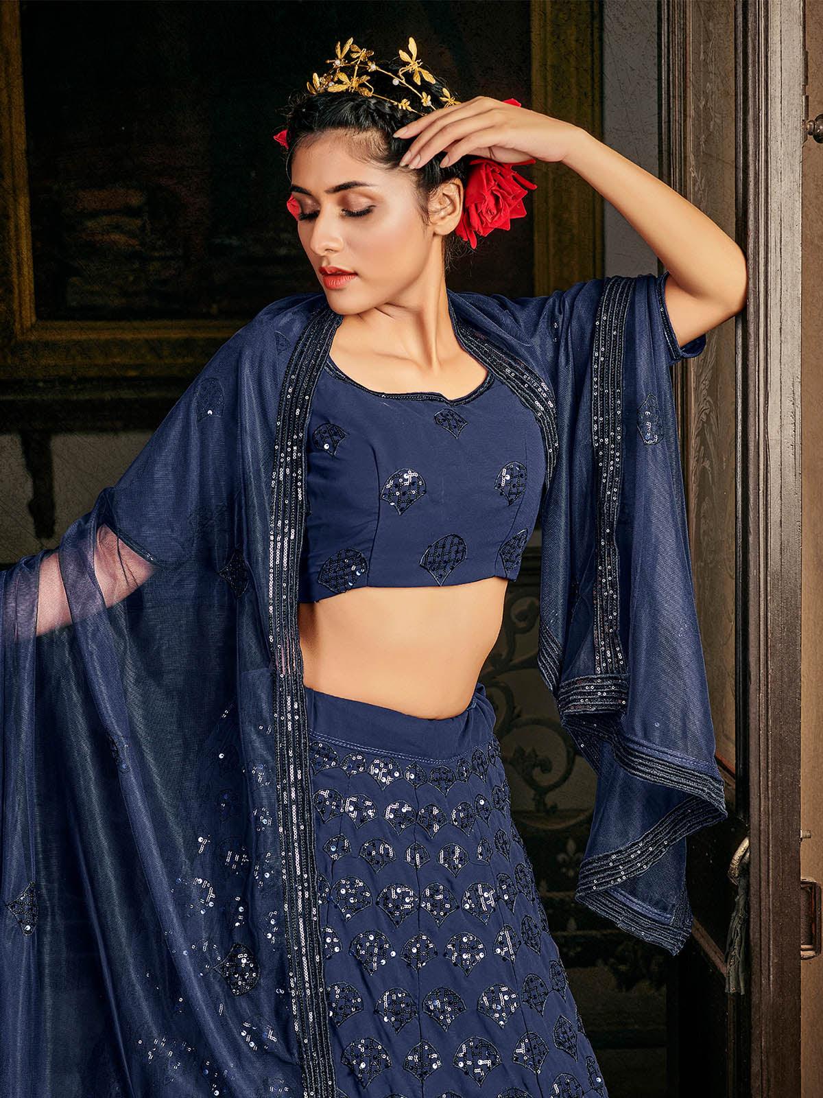 Odette Women Impressive Navy Blue Georgette Semi Stitched Lehenga With  Unstitched Blouse - Image 3